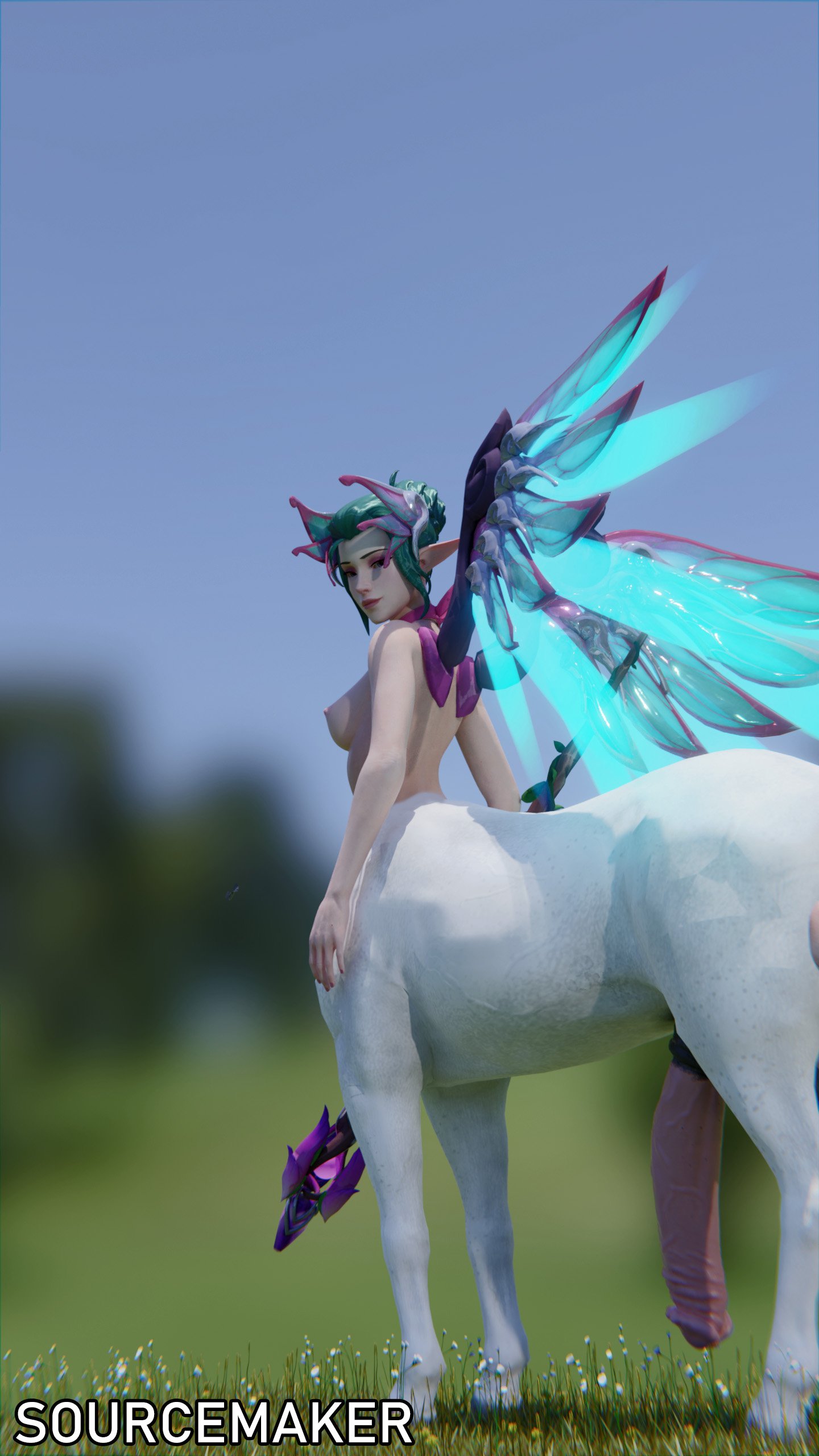 1futa, 3d, alternate costume, animal genitalia, animal genitalia on humanoid, areolae, blender, breasts, centaur, dickgirl, erection, futa only, futanari, horsecock, horsecock on humanoid, huge cock, intersex, mercy, nipples, overwatch, penis, solo, solo futa, sourcemaker, sugar plum fairy mercy, taur