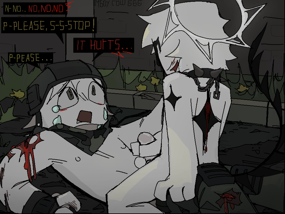 2boys 2d 2d_(artwork) army_uniform begging begging_to_stop blood collar demon_tail english_text halo handjob male male_only nude original_character pain roblox roblox_avatar robloxian scared self_upload smug speech_bubble tears text topless white_skin yawned_beef