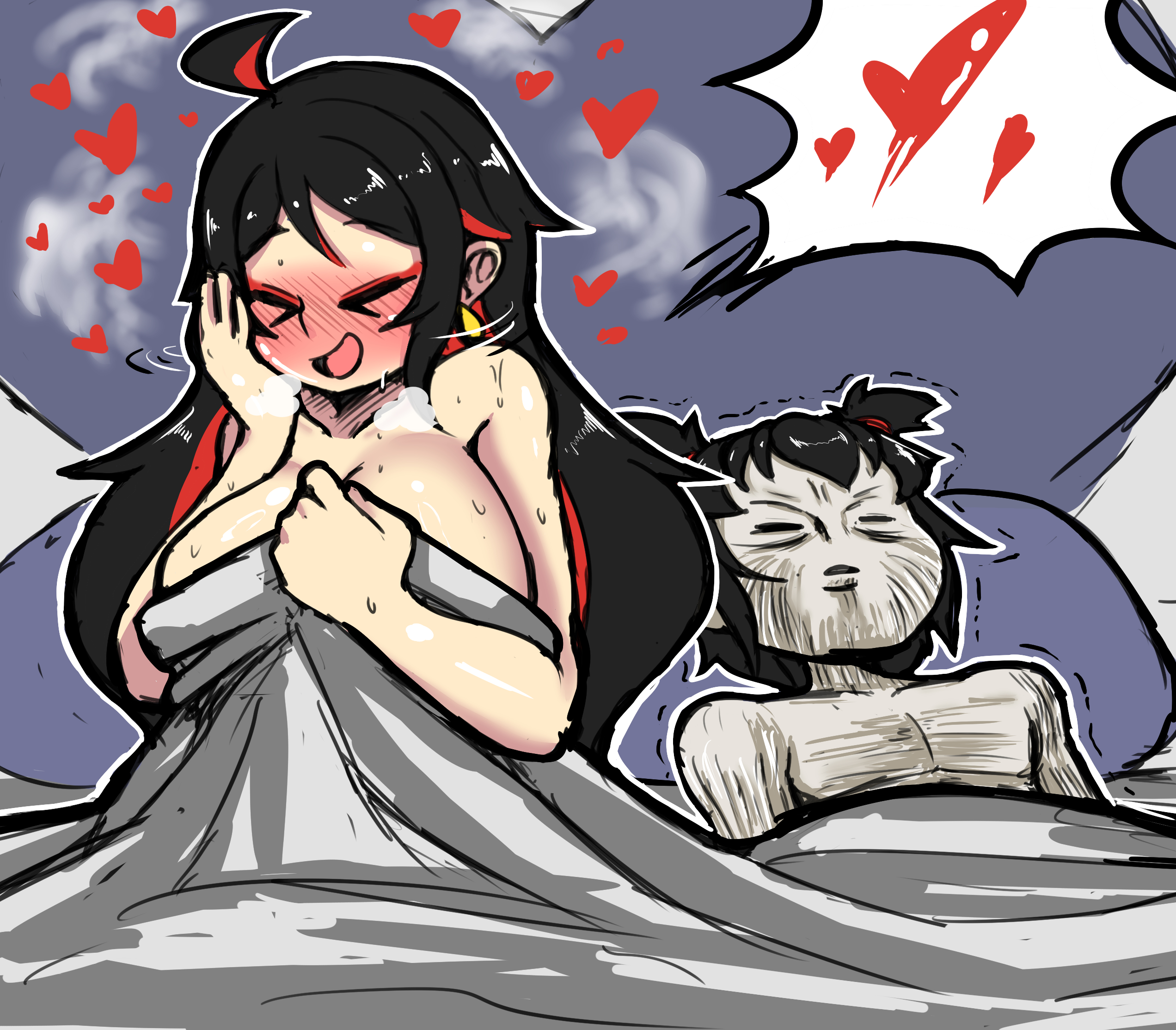 after sex, aged up, alternate ass size, alternate body type, alternate breast size, asian, asian female, asian male, big breasts, black hair, blush, breasts, canon couple, cute, exhausted, exhausted male, female, funny, garu, guy tired after sex (meme), heart, heart symbol, hearts, male, meme, mexico alien, mralee, multicolored hair, pucca, pucca (franchise), wholesome