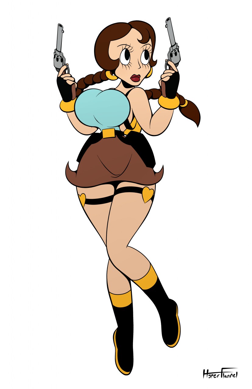 1girls belt brown_belt brown_hair brown_skirt dual_wielding eyelashes female female_only fingerless_gloves firearm front_view full_body gloves gun holding_pistol holding_weapon holster hourglass_figure human hyperflannel implied_transformation knees_together lara_croft large_breasts light-skinned_female light_skin long_eyelashes pistol retro_artstyle revolver signature skirt solid_color_background solid_colors solo solo_female standing thick_thighs thigh_strap thigh_straps thighs tomb_raider toon toonification toony transformation white_background wide_hips