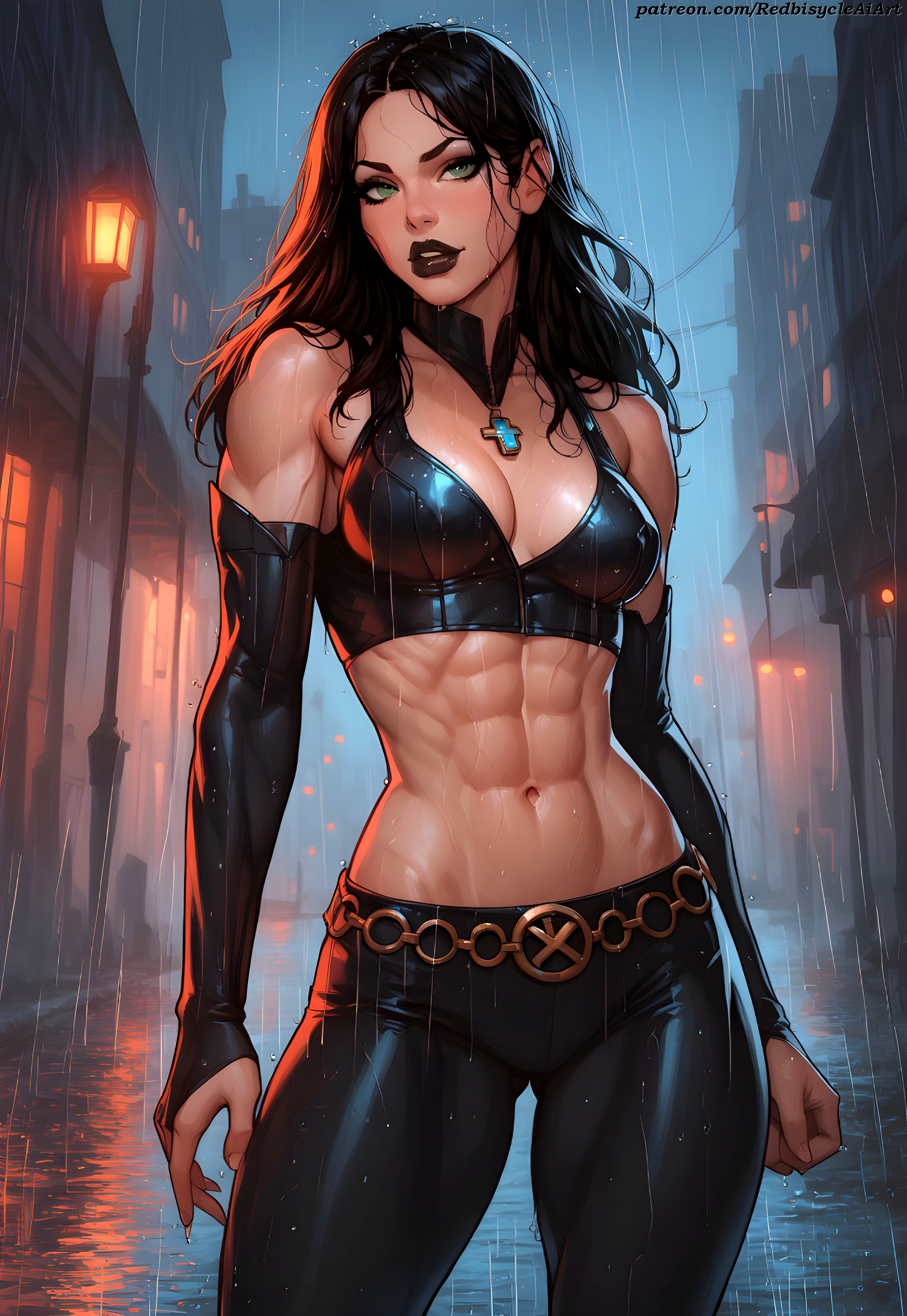abs, ai generated, athletic, athletic female, belt, black hair, black legwear, black lipstick, bra, breasts, choker, dark lipstick, female, fit, fit female, green eyes, laura kinney, leather bra, leather clothing, leather pants, leather topwear, long hair, looking at viewer, low waisted pants, marvel, marvel comics, midriff, midriff showing, muscular, muscular abdomen, muscular abs, rain, rainbow six, redbisycle, ring belt, sleeves, standing, thick thighs, toned, toned arms, toned belly, toned body, toned female, toned stomach, topwear, wet, x-23, x-men