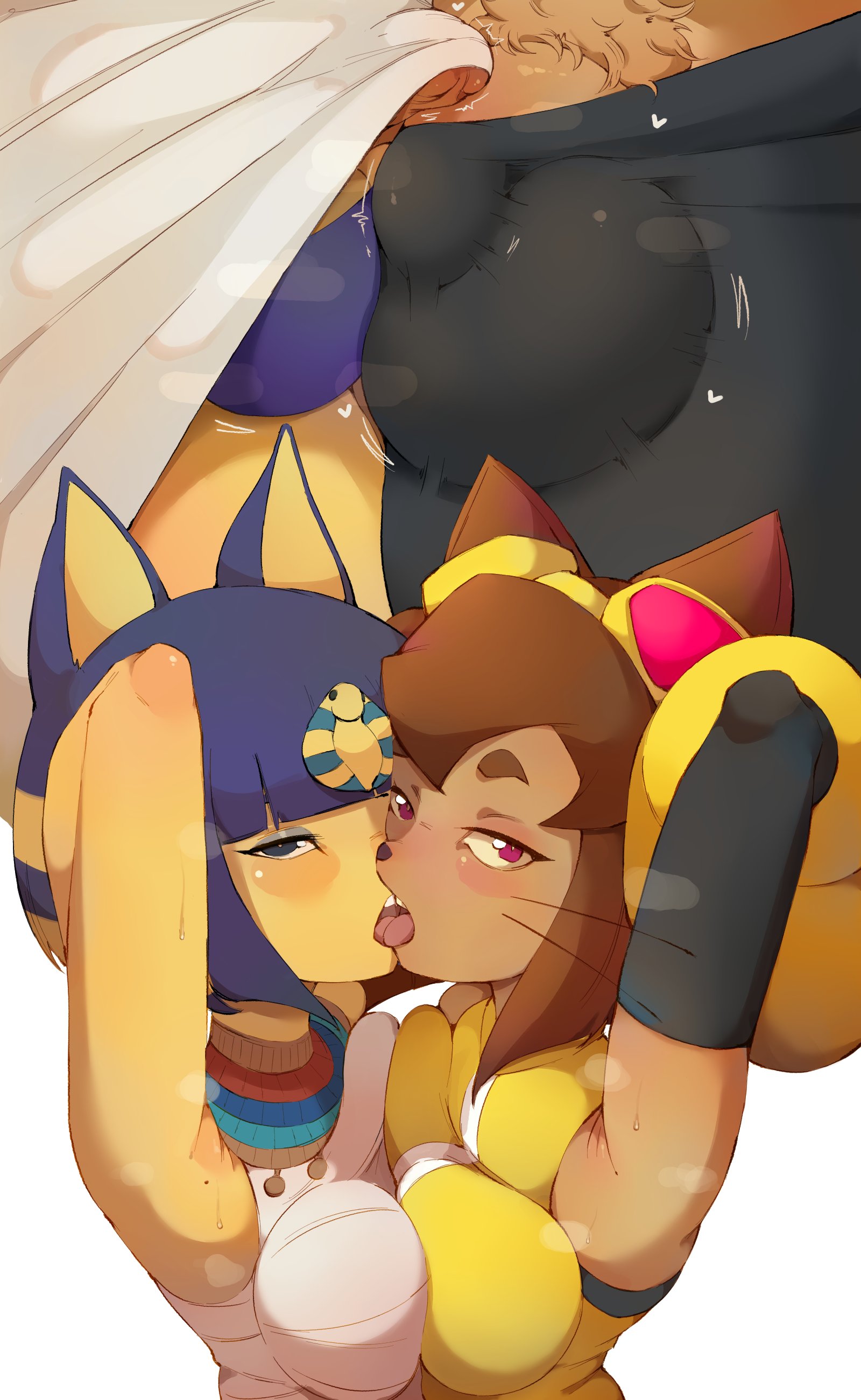 2futas, animal crossing, ankha, ankha (animal crossing), armpits, arms up, balls, big balls, big balls small penis, big breasts, breasts, bulge, cat, catgirl, doubutsu no mori, futa, futanari, gameoverse, kissing, kit (gameoverse), kit bodega, looking at viewer, nairu, nairu (doubutsu no mori), nile (doubutsu no mori), penis, small penis, tongue kiss, yxxzoid