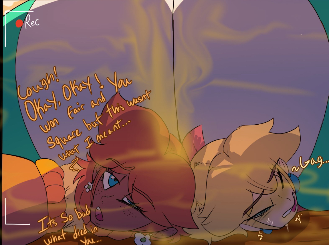 2d, 2girls, ass, blonde hair, comic, dialogue, fart, fart fetish, fat ass, female, gagging, grossed out, mario (series), melissaalli, princess daisy, princess peach, princess rosalina, recording, sitting on person, stinky, tan skin, text, yuri