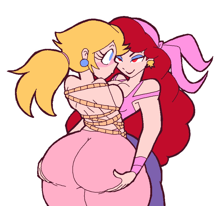 2girls, ass, ass focus, ass grab, blonde hair, blue eyes, blush, bondage, breast squeeze, breasts, captain syrup, clothing, fat ass, female, huge ass, huge breasts, lewd-redd, mario (series), nintendo, princess peach, red eyes, red hair, smirk, super mario bros., tagme, tied up, wario (series), wario land, yuri