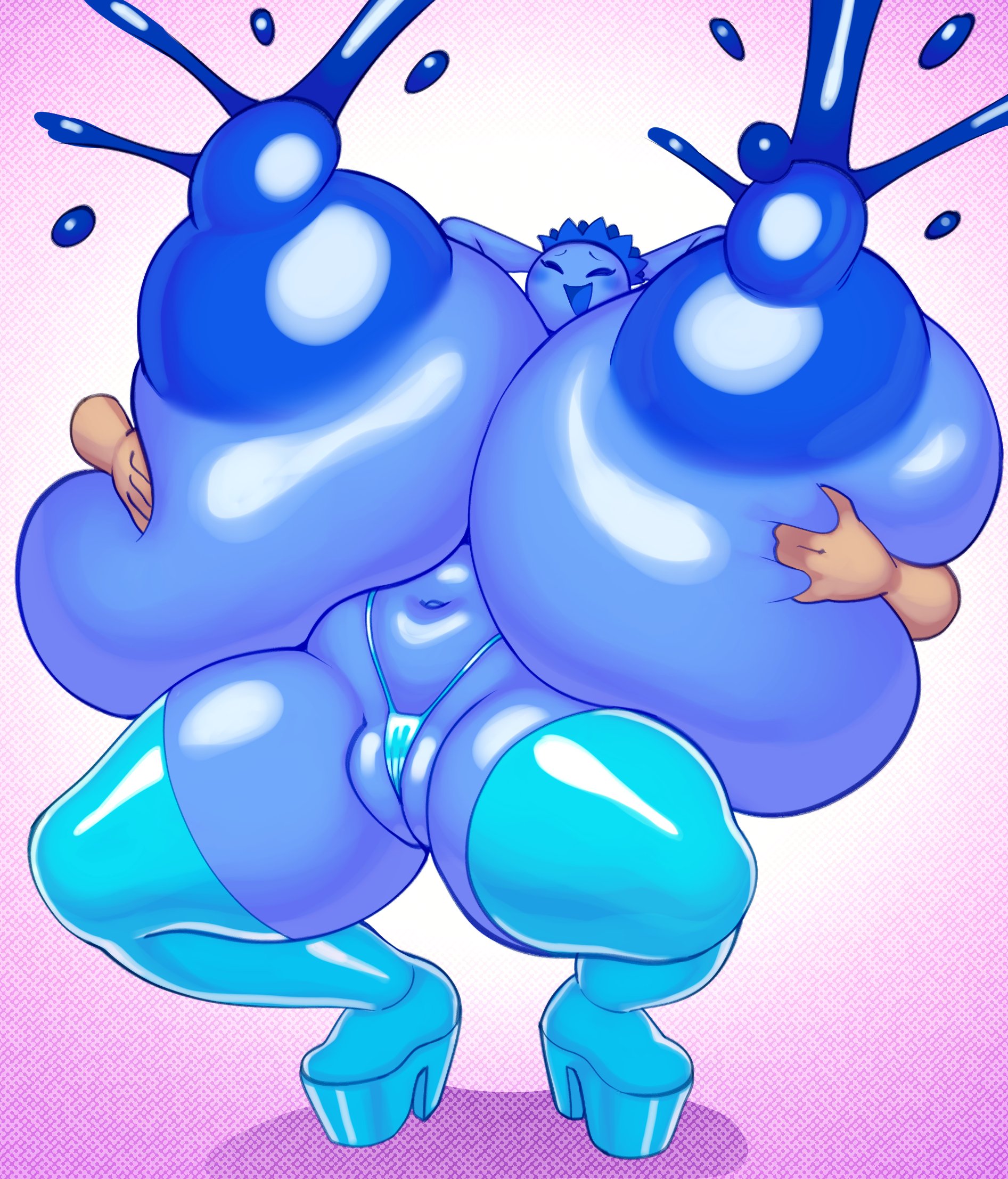 1girls, angstrom, becca (thetretex), blue skin, breasts, enormous breasts, female, fruit humanoid, happy, huge breasts, lactation, original, original character, someone else's oc, tagme, unusual lactation