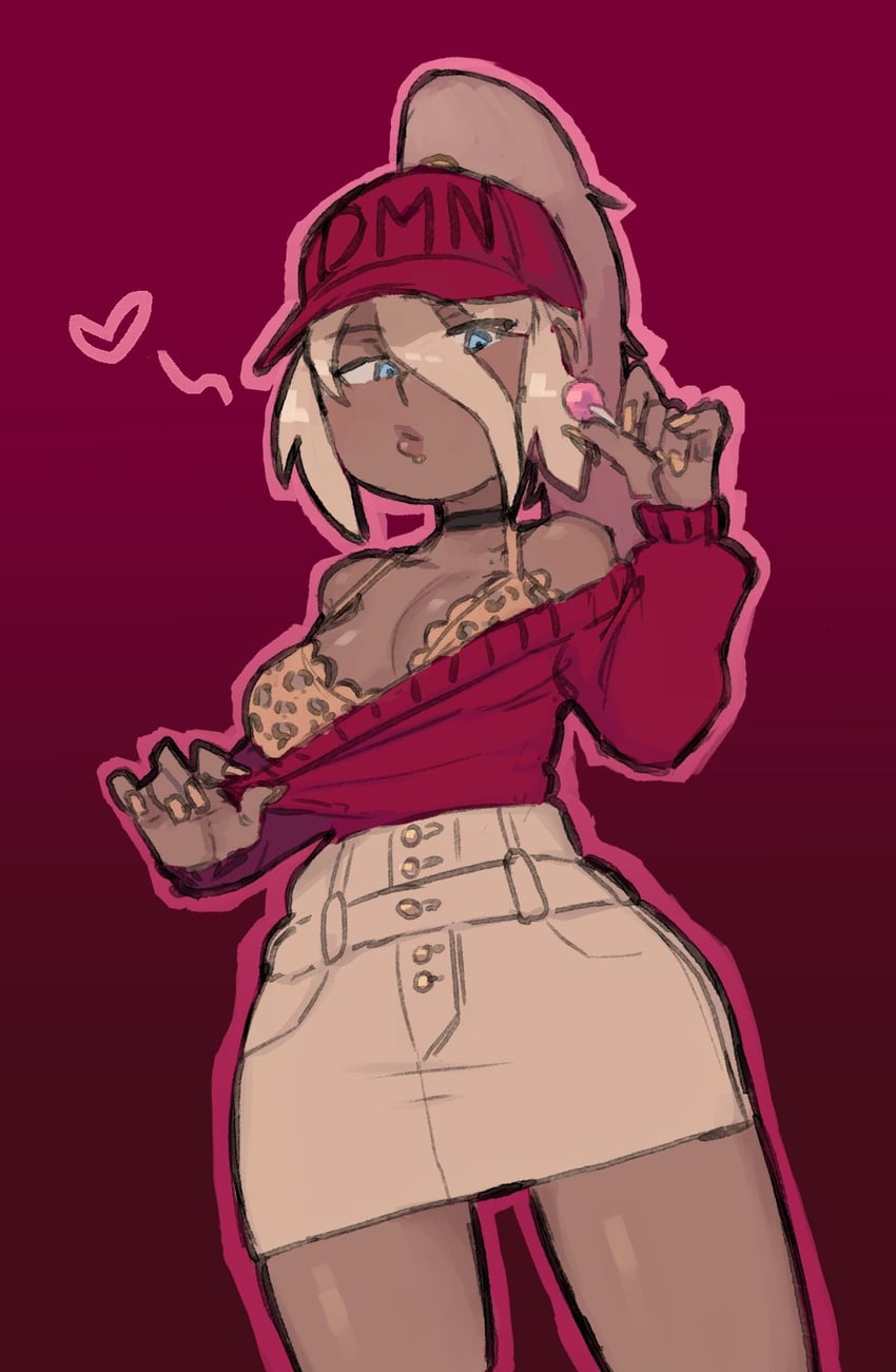 animal_print artist_request baseball_cap black_choker blonde_hair blue_eyes bow bra breasts brown_skirt candy choker cleavage clothes_tug commentary cowboy_shot dark-skinned_female dark_skin denim denim_skirt english_commentary female food gyaru hair_between_eyes hat heart high_ponytail highres holding holding_candy holding_food holding_lollipop leopard_print lollipop medium_breasts miniskirt off-shoulder_sweater off_shoulder orange_bra orange_nails original ponytail puckered_lips red_bow red_hat skirt solo sweater sweater_tug underwear