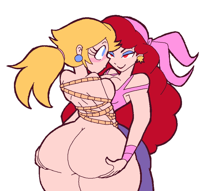 2girls, ass, ass focus, ass grab, bare ass, blonde hair, blue eyes, blush, bondage, breast squeeze, breasts, captain syrup, clothing, fat ass, female, huge ass, huge breasts, lewd-redd, mario (series), nintendo, nude, princess peach, red eyes, red hair, smirk, super mario bros., tagme, tied up, wario (series), wario land, yuri