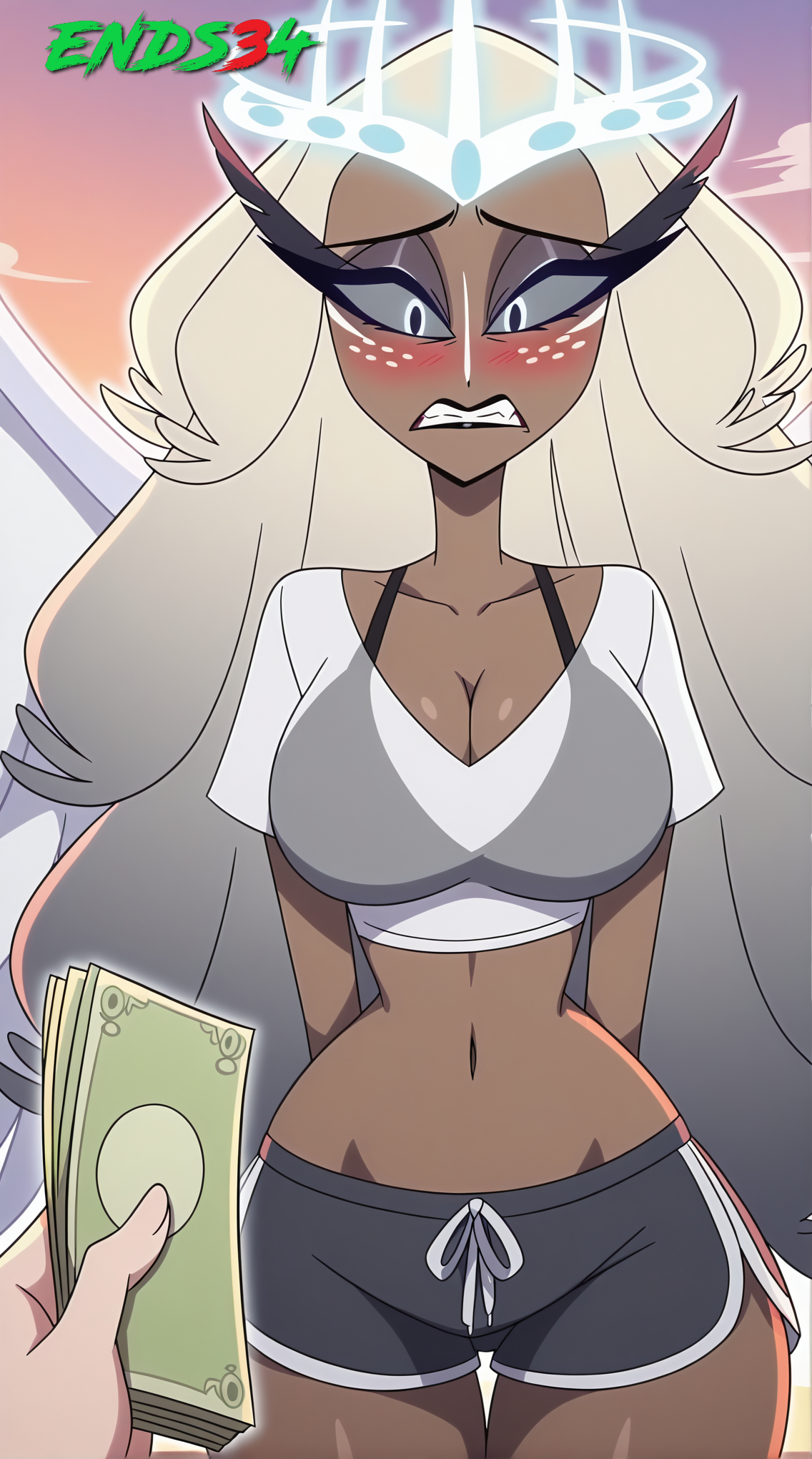 ai generated, big breasts, breasts, dark skin, dark-skinned female, dolphin shorts, ends34, female, female focus, hazbin hotel, sera (hazbin hotel), shorts, sports bra, sports uniform, sportswear