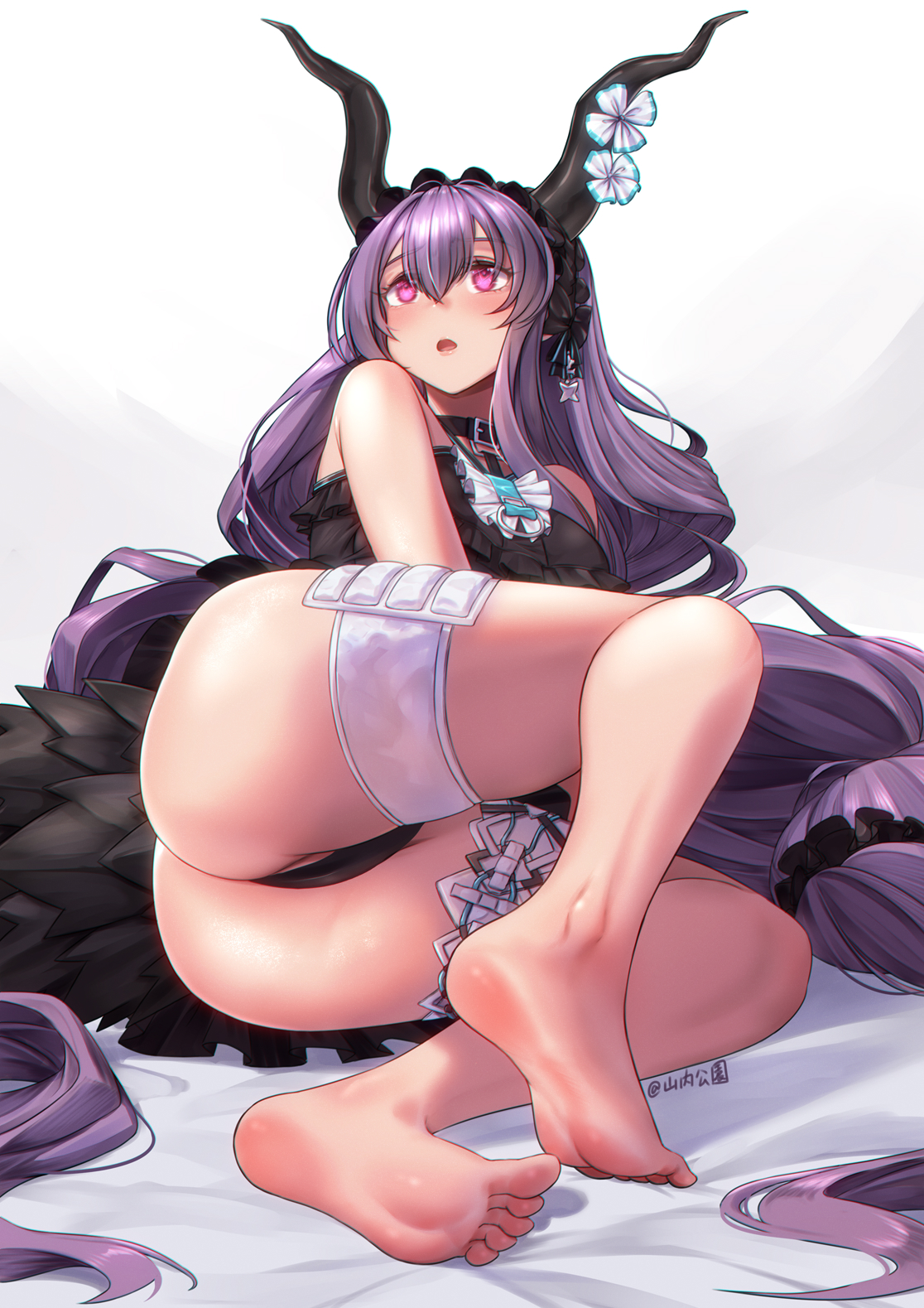 arknights, ass, asymmetrical legwear, bare shoulders, barefoot, black hairband, black horns, black one-piece swimsuit, feet, female, foot focus, frilled hairband, frilled one-piece swimsuit, frills, full body, hair between eyes, hair intakes, hair spread out, hairband, highres, horns, long hair, looking to the side, official alternate costume, one-piece swimsuit, open mouth, purple eyes, purple hair, soles, solo, swimsuit, tail, thick thighs, thigh strap, thighs, toes, typhon (arknights), typhon (temperature difference) (arknights), very long hair, white background, yamauchi kouen