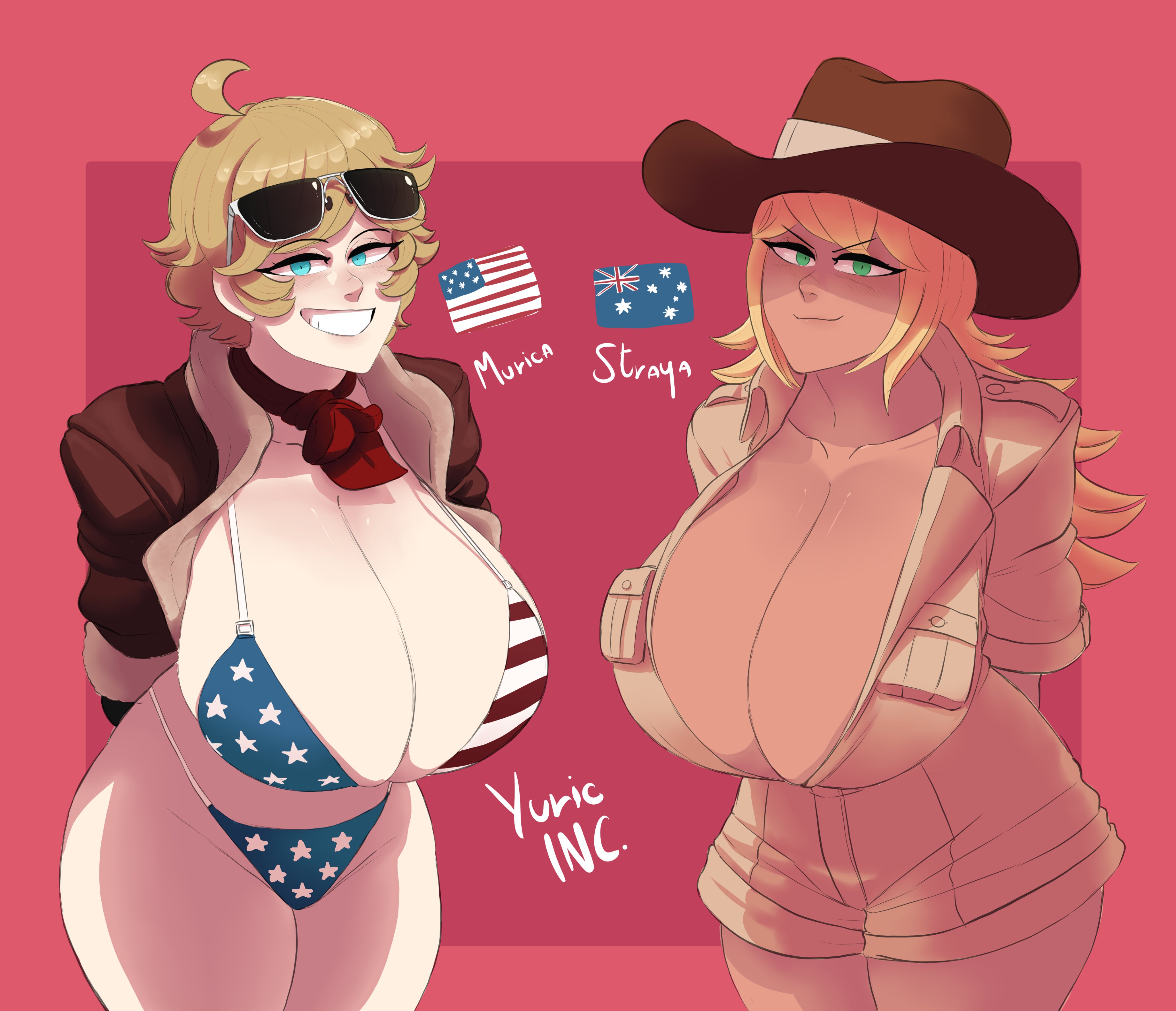 2girls, american flag, american flag bikini, australia (yuric inc), australian, bikini, blonde hair, blue eyes, breasts, breasts bigger than head, country inc (yuric inc), english text, eyewear on head, female, green eyes, large breasts, looking at viewer, national personification, simple background, simple shading, smile, sunglasses, text, twins, usa (yuric inc), yuric inc