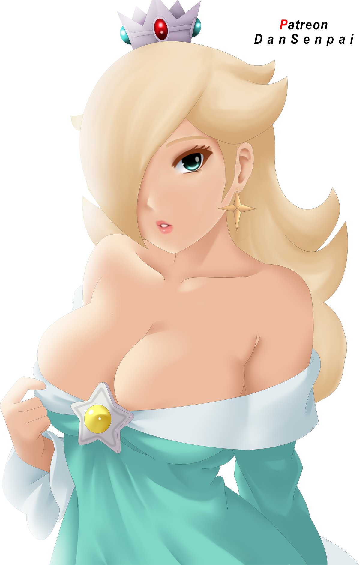 1girls, artist name, big breasts, blonde hair, breasts, cleavage, clothed, clothing, crown, dansenpai, earrings, female, female only, hair covering eye, looking at viewer, mario (series), navel, nidavellirstudios, princess rosalina, silver crown, solo, solo female, solo focus, super mario galaxy