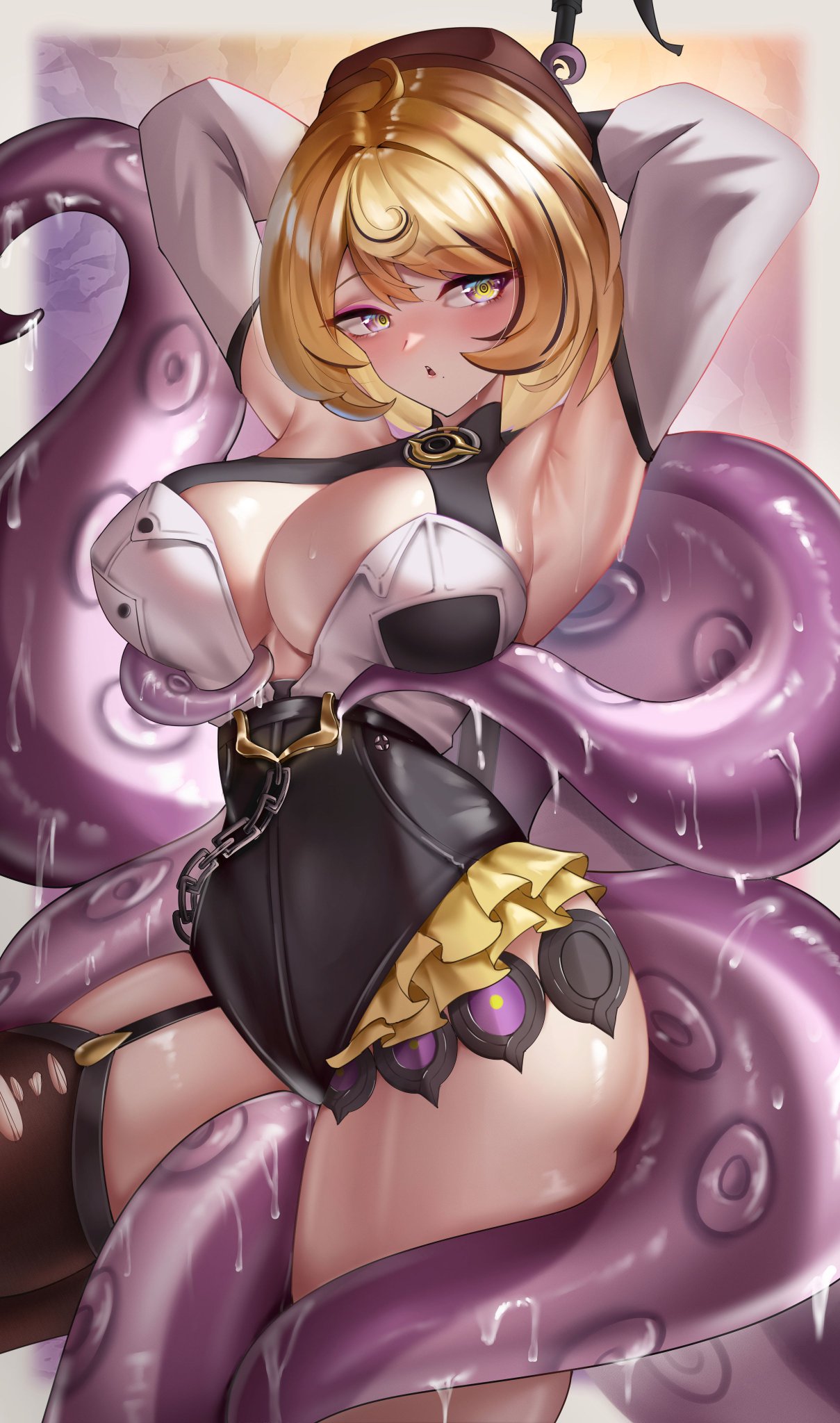 armpit crease, armpits, arms up, ass, ass visible from the front, big ass, big thighs, black highlights, blonde female, blonde hair, blush, boob window, booty shorts, breasts, breasts out, button down shirt, buttons, chains, detached sleeves, eyelashes, eyeshadow, female, female only, frills, hands behind head, hat, high waisted shorts, hip windows, hoyoverse, humanoid, looking to the side, mole, multicolored eyes, neck jewelry, octopus girl, open mouth, purple eyes, purple eyeshadow, pussy, shine, shirt pocket, short hair, slimy, slimy tentacles, solo, suction cups, sweat, sweating, tail, tails, tentacle, tentacle around leg, tentacle on breast, tentacle on female, tentacle rubbing, tentacle rubbing pussy, tentacle tail, tentacle tails, tentacle under clothes, thick thighs, thighhighs, thighs, thiren, torn clothing, torn thighhighs, undone shirt, weapon, wen dy910, wet, wet tentacles, yidhari murphy, zenless zone zero