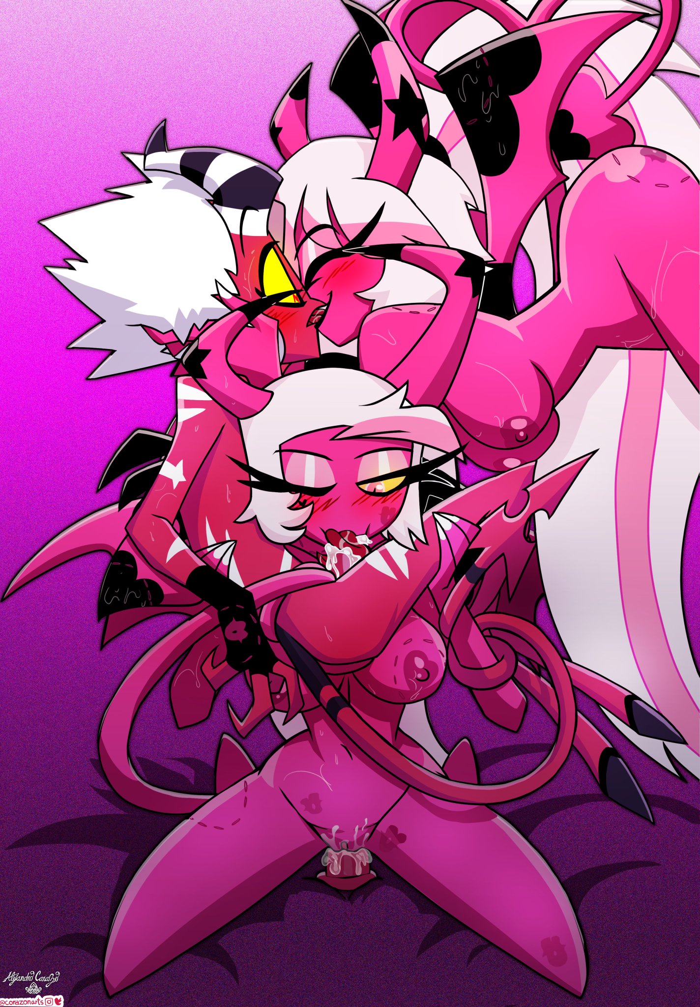 1boy, 2demons, aless (corazonarts), bare arms, bare breasts, bare legs, bare shoulders, bare thighs, big breasts, big penis, bite mark, blowjob, breasts, color, corazonarts, demon, demon boy, demon girl, demon horns, demon humanoid, demon tail, demoness, demons, dildo, fellatio, female, helluva boss, hi res, kissing, large breasts, long hair, male, male/female, nipples, nude, nude female, nude male, oral, oral sex, penis, pink body, pink hair, pink skin, pussy, sex toy, sex toy in pussy, sex toy insertion, succubus, succubus horns, succubus tail, succubus wings, sucking, sucking penis, tagme, thick thighs, verosika mayday (helluva boss), white hair