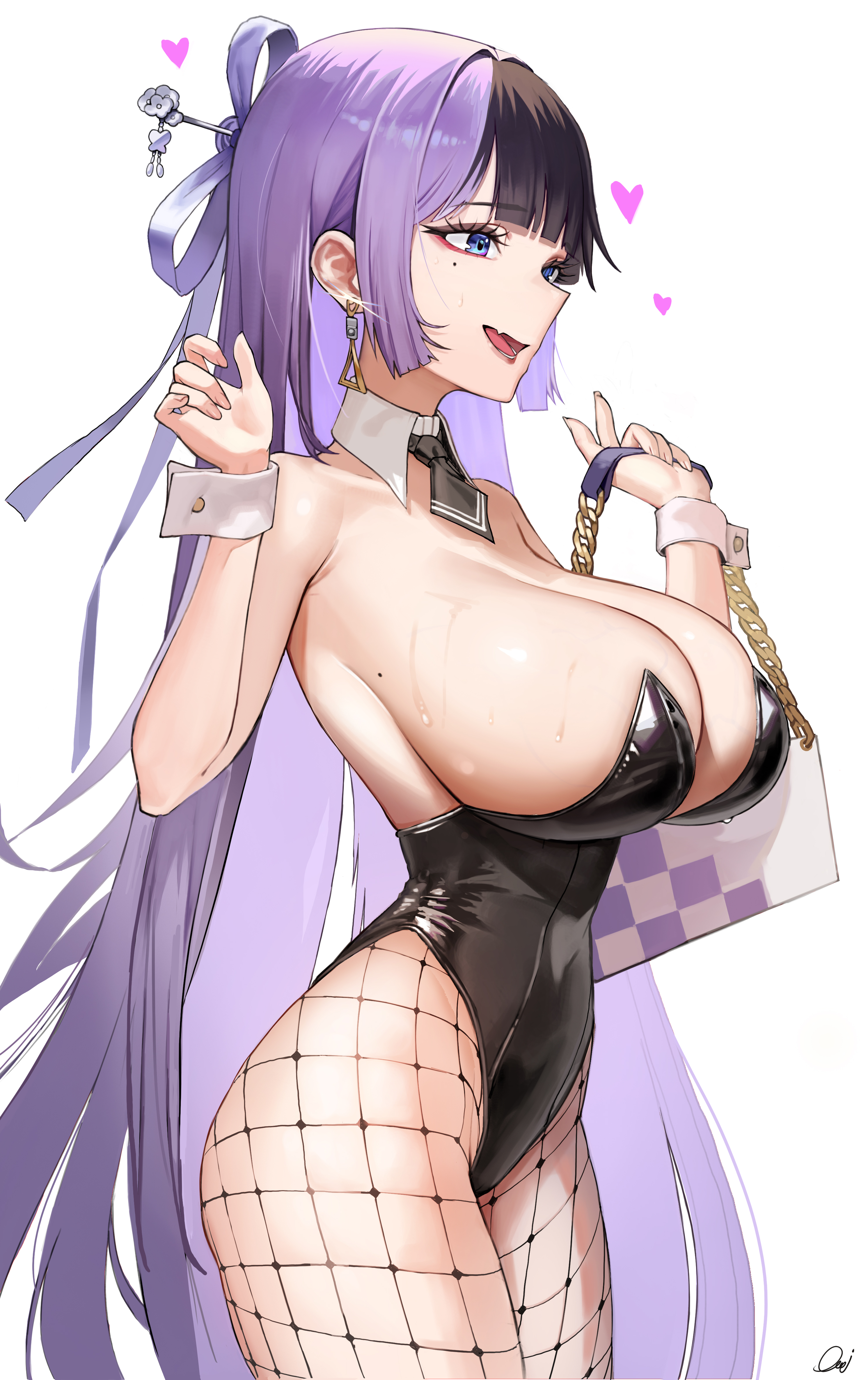absurdres, armpit crease, bare shoulders, black hair, black leotard, blue eyes, bow-shaped hair, breasts, chains, cleavage, cowboy shot, detached collar, earrings, female, fishnets, from side, goddess of victory: nikke, hands up, heart, highleg, highleg leotard, highres, jewelry, jien, jien (nikke), large breasts, leotard, long hair, mole, mole on breast, mole under eye, multicolored hair, necktie, oerba yun fang, open mouth, puka (oni), purple hair, short necktie, simple background, smile, solo, split-color hair, standing, strapless, strapless leotard, sweat, thighs, two-tone hair, very long hair, white background, wrist cuffs