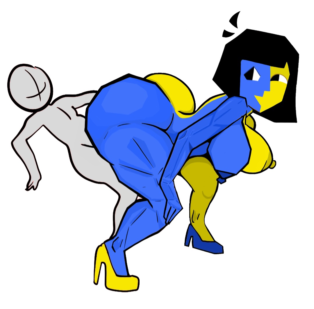 1boy, 1girls, almakhadie (artist), alternate version, anon, anonymous male, ass, back view, black eyes, black hair, blue body, blue skin, breasts, color, completely nude, darkened nipples, ena, ena (series), female, flipped image, looking to the side, male, nude, polygonal, pounding ass, sex, side view, simple background, solo, solo female, solo focus, tagme, thighs, two-tone body, two-tone skin, yellow body, yellow skin
