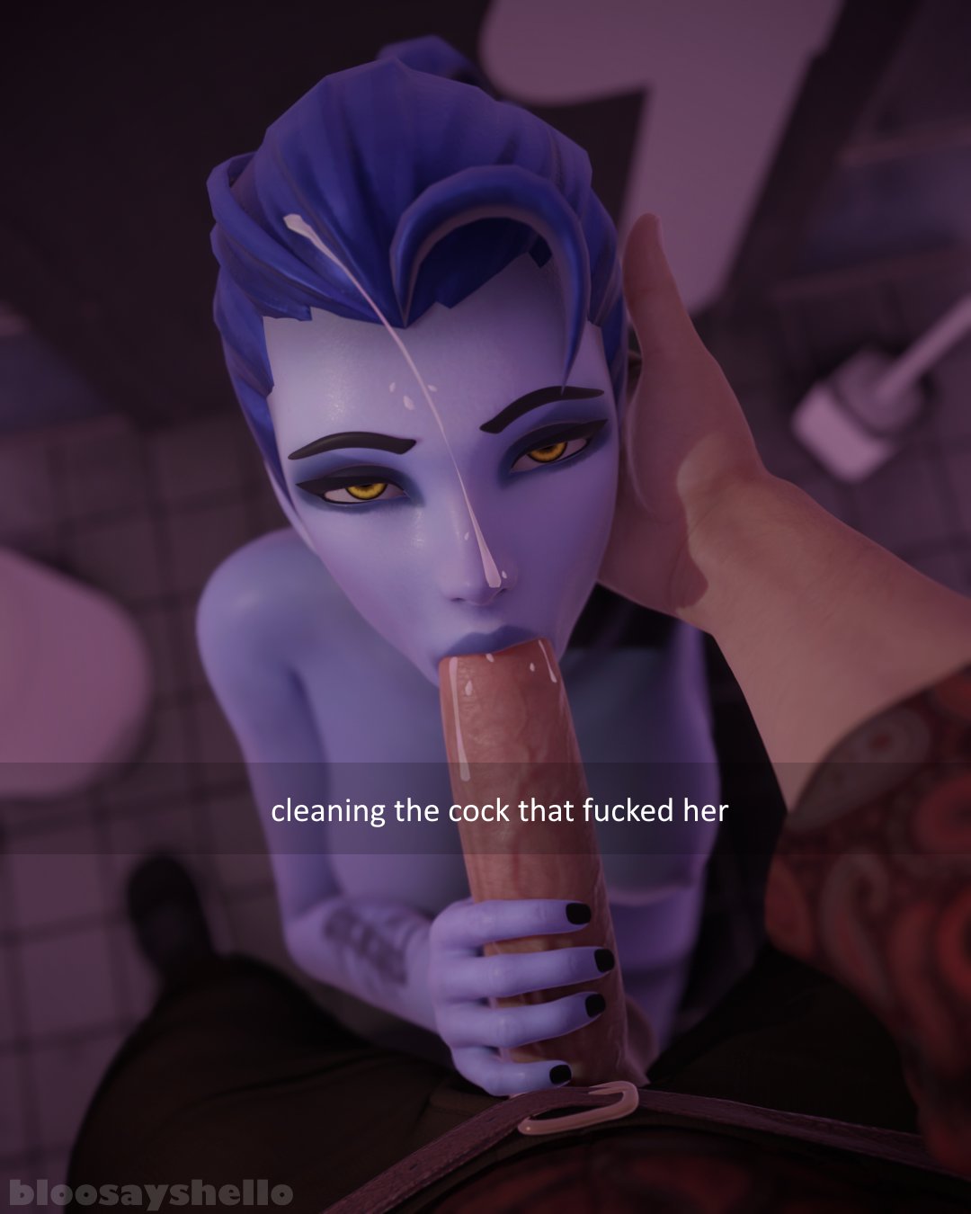 1boy 1girls 3d bloosayshello blowjob english_text female light-skinned_male male oral oral_penetration oral_sex overwatch pov pov_eye_contact purple_skin text widowmaker