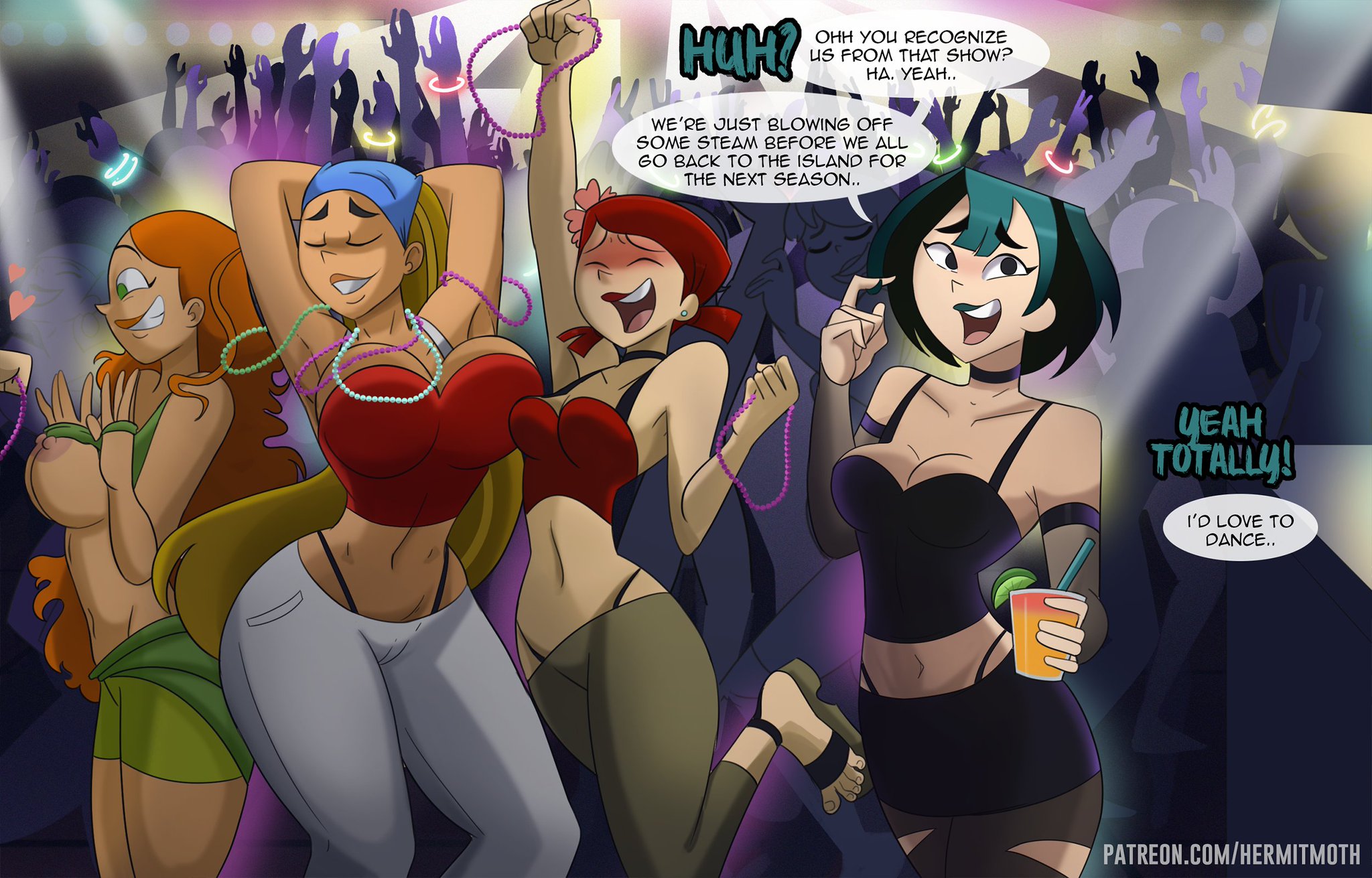 4girls, ass, big ass, big breasts, breasts, cartoon network, comic, curvaceous, curvy, curvy figure, digital media (artwork), english text, female, goth, goth girl, gwen (tdi), hermitmoth, hips, hourglass figure, huge ass, huge breasts, izzy (tdi), large ass, large breasts, legs, lindsay (tdi), multiple females, multiple girls, slim waist, speech bubble, text, thick, thick hips, thick legs, thick thighs, thighs, total drama (series), total drama island, total drama: revenge of the island, voluptuous, waist, wide hips, zoey (tdi)