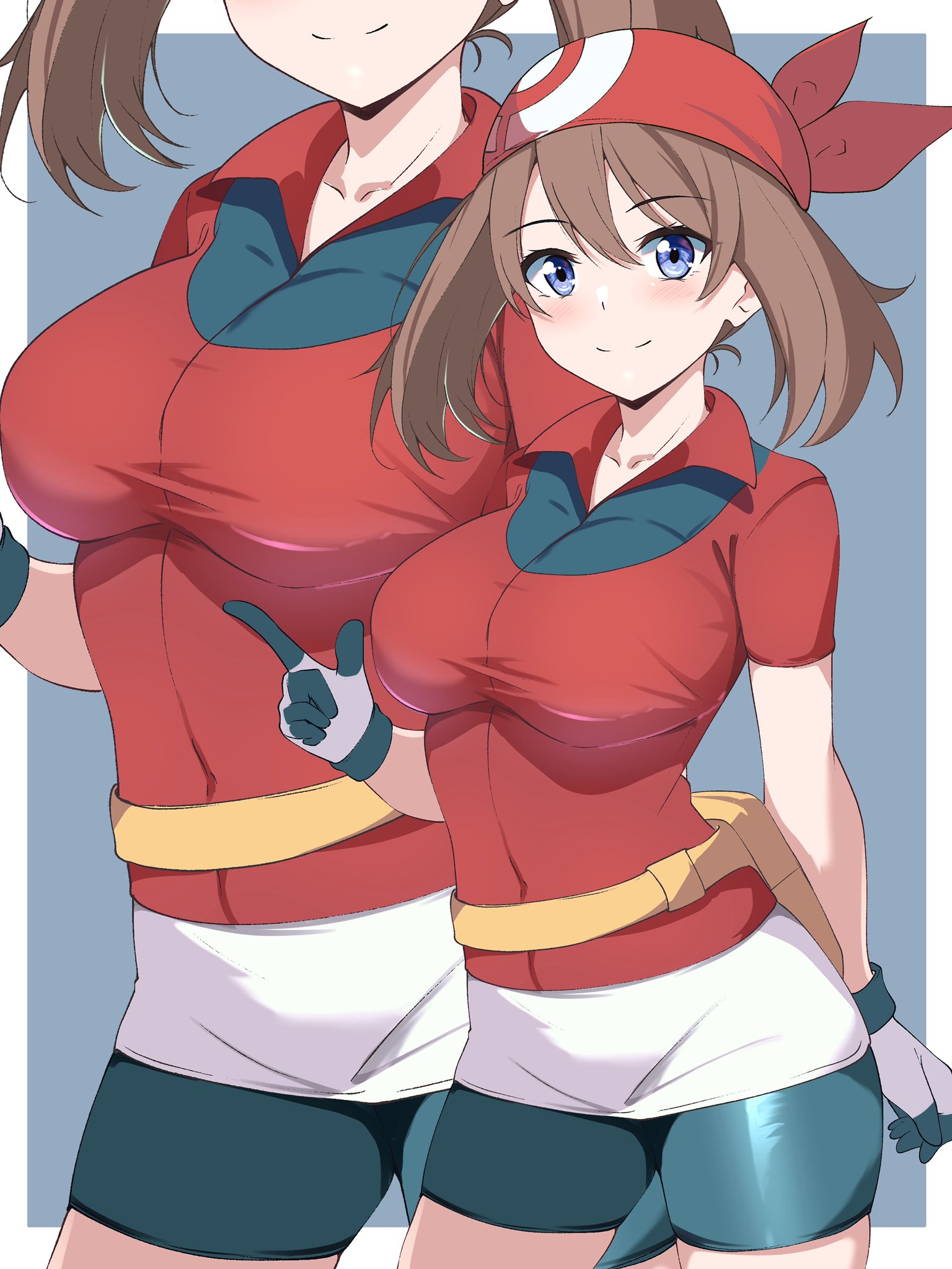 bandana, bike shorts, blue eyes, blush, borgbattlert, borgbutler, breasts, brown hair, closed mouth, creatures (company), cute, cute face, female, game freak, gloves, hair between eyes, human, long hair, looking at viewer, may (pokemon rs), may (pokemon), medium breasts, nintendo, pokemon, pokemon rse, red bandana, red shirt, shirt, short hair, solo, standing, thighs, tight clothing
