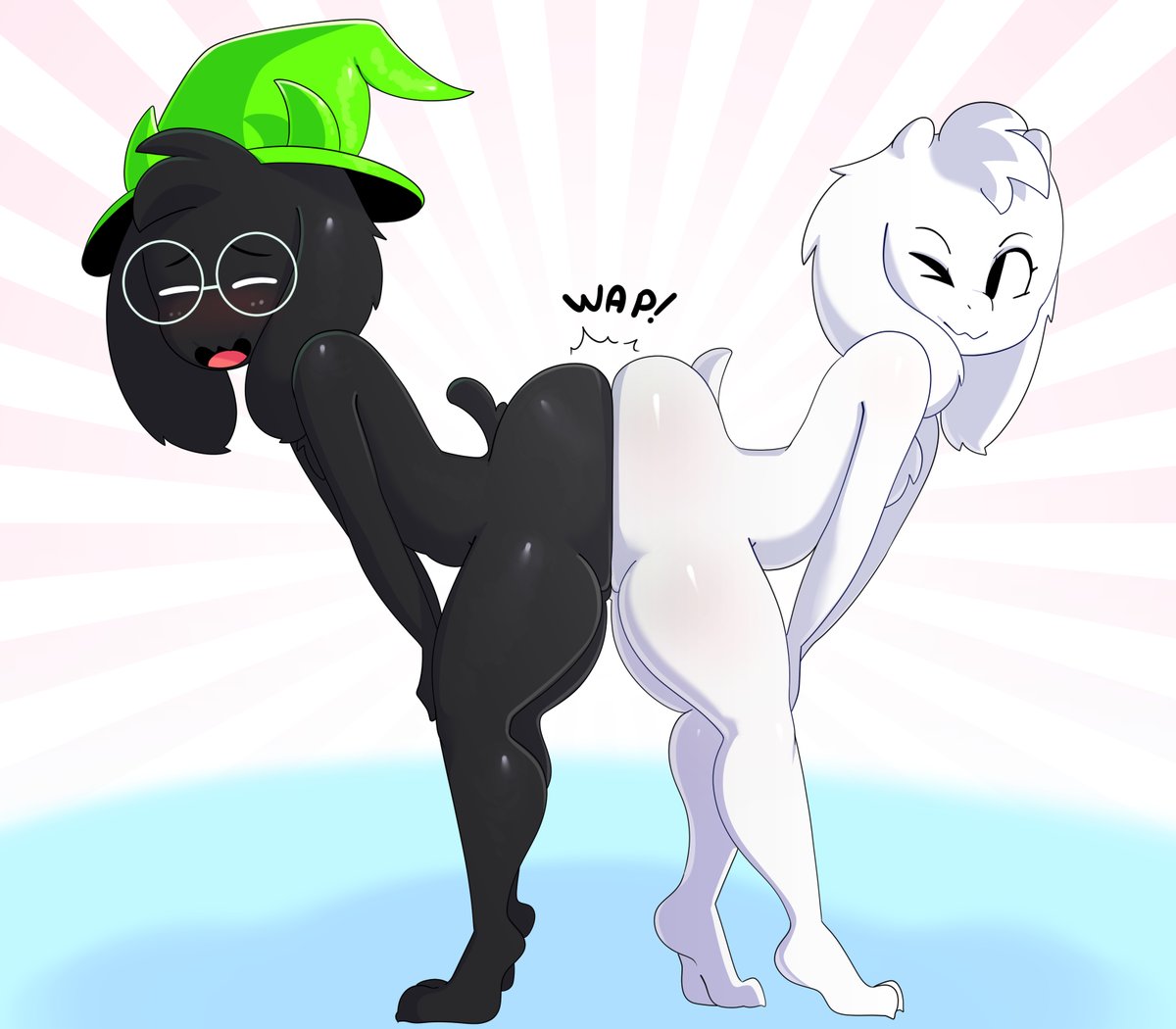 2boys ;3 anthro asriel_dreemurr ass ass_to_ass black_fur crashing cute deltarune femboy glasses goat male male_only ralsei somescrub thick_thighs undertale white_fur wide_hips wizard_hat