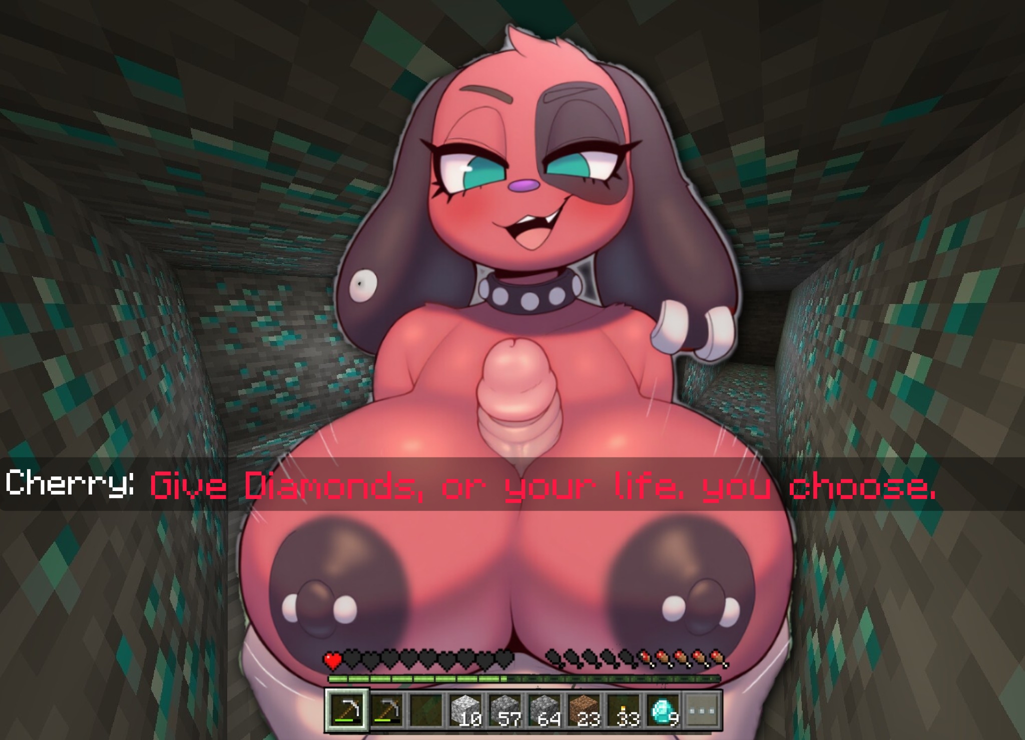 ai generated, breasts, cherry (animal crossing), choker, dialogue, diamond, earrings, eye contact, female, foxgumie (style), furry, gameplay mechanics, goth girl, huge breasts, human/anthro, male, male pov, male/female, minecraft, motion lines, nipple piercing, nipples, paizuri, penis, penis between breasts, piercing, smirk, titfuck, titjob