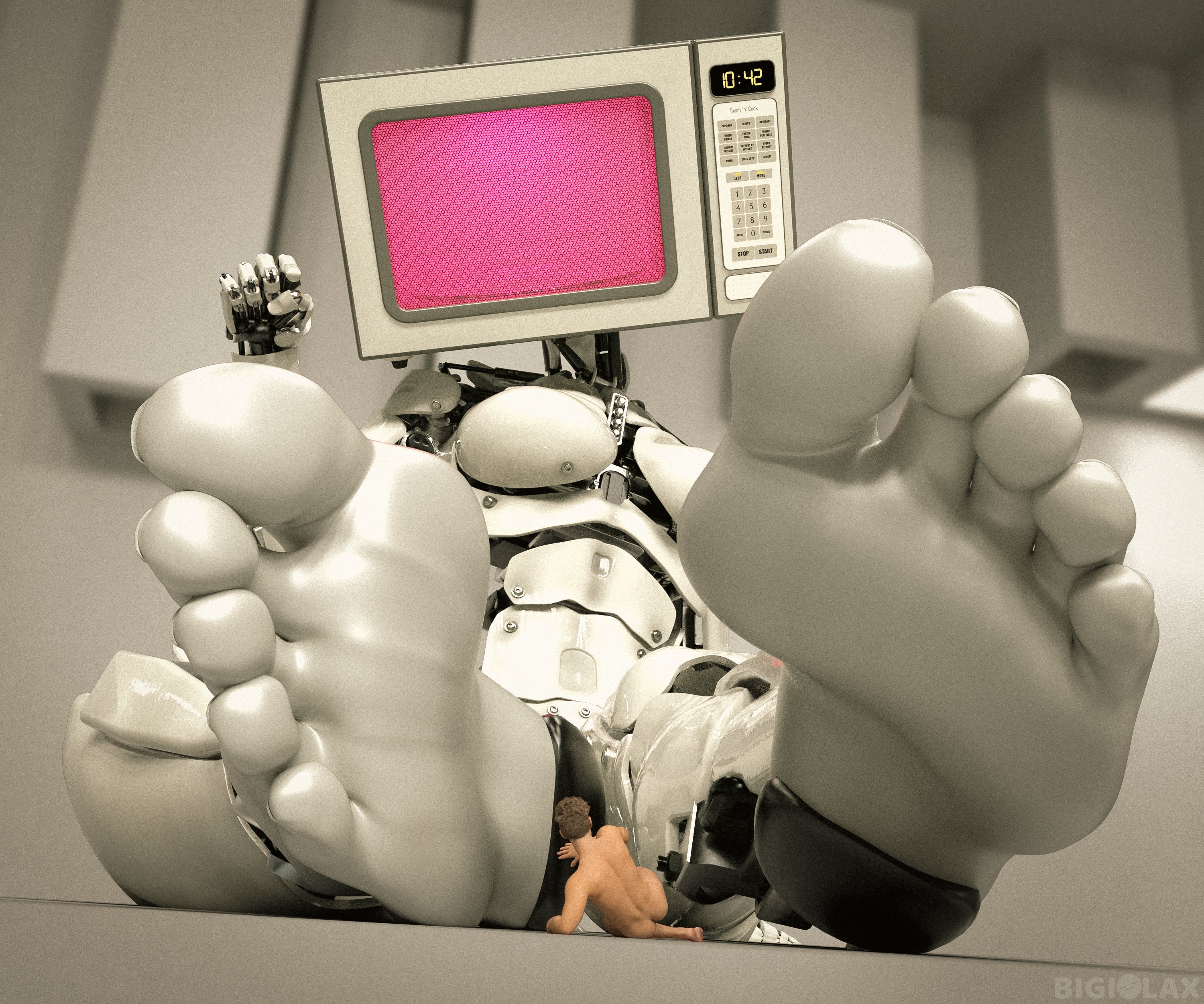 3d, barefoot, bigiolax, extreme size difference, feet, female, foot fetish, foot focus, giantess, larger female, macro, metallic body, microwave, no eyes, object head, robot, robot girl, robot humanoid, soles, tagme, toes, white skin