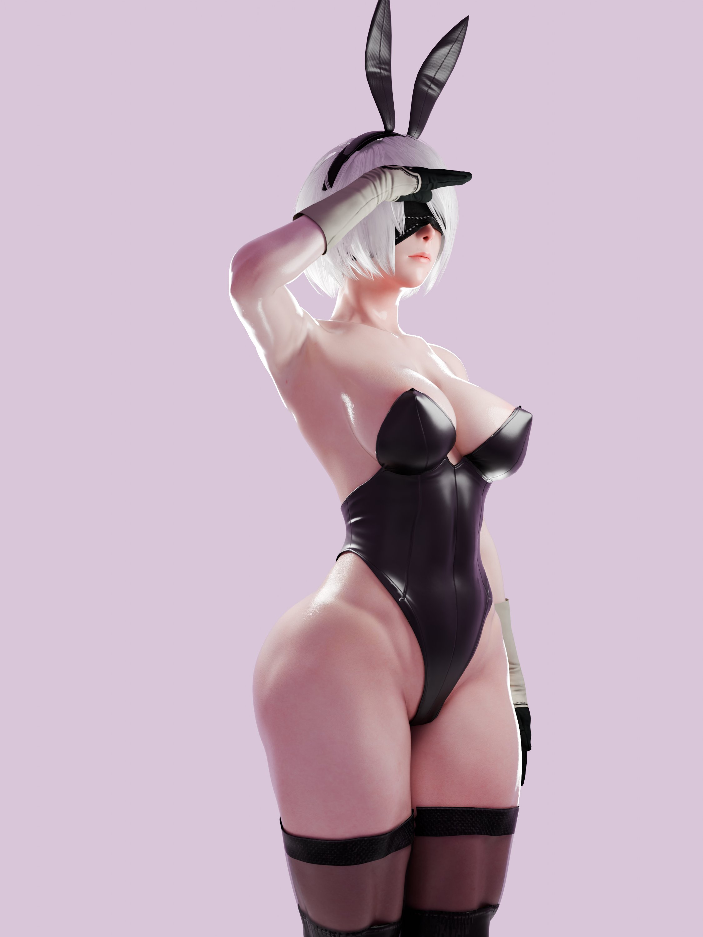 1girls, 3d, 3d (artwork), abs, armpits, ass, bandana, big breasts, breasts, bubbleb, bubblebubbleb, bunny ears, bunny girl, bunnysuit, female, muscular, muscular female, nier, nier (series), nier: automata, oiled, oiled body, oiled skin, round ass, round butt, salute, shaved armpit, skinsuit, skintight bodysuit, smooth skin, thick ass, thick legs, thick thighs, white hair, yorha 2b
