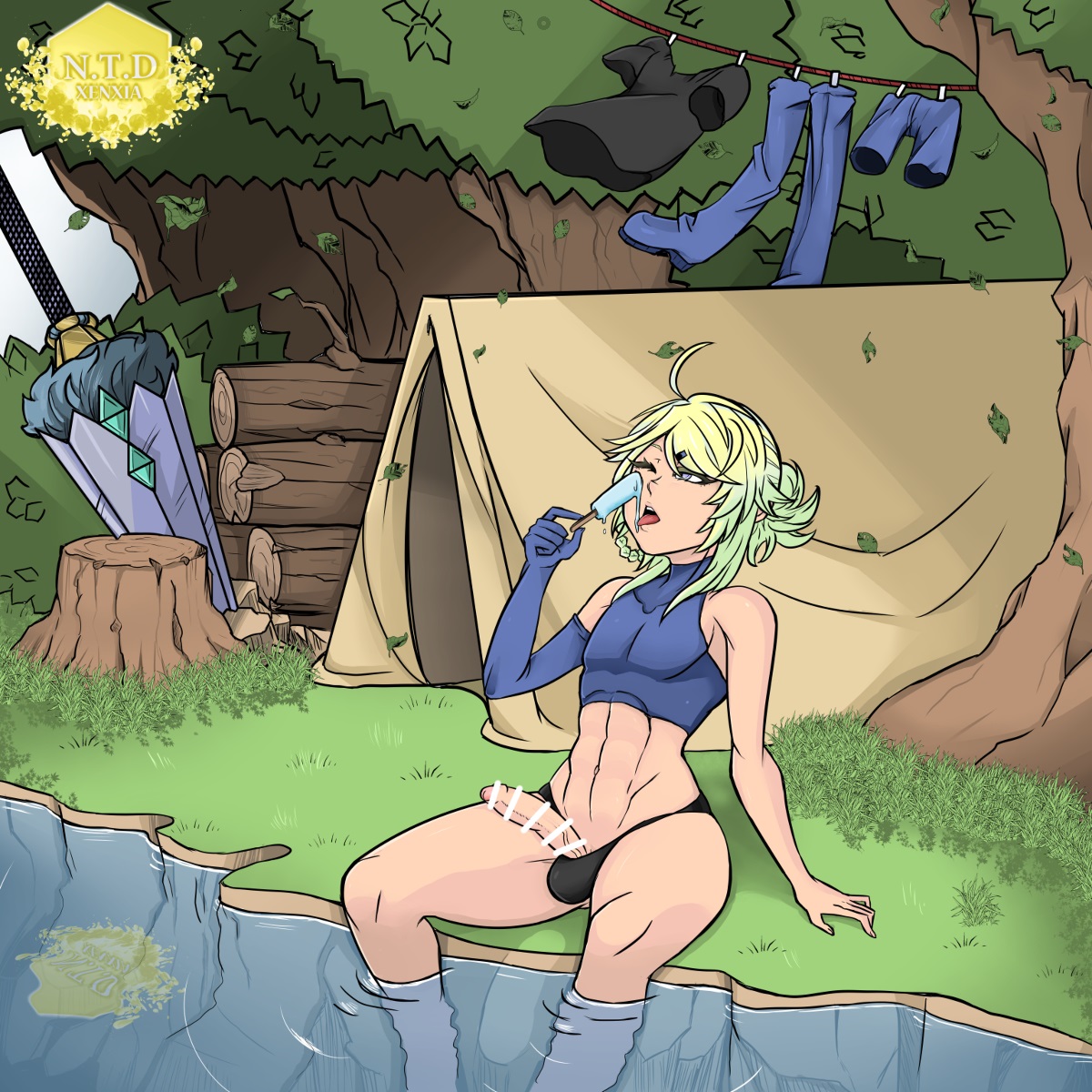 abs, androgynous, arm gloves, atelier sol aer, balls, balls in panties, black thong, blonde hair, blue eyes, braided hair, camping, elaine duskray (xenxia), erection, femboy, ice cream, legs in water, male, muscles, penis, ponytail, popsicle, river, sitting, skin tight, solo, tent, testicles, thong, tongue, tongue out, trap, water, xenxia