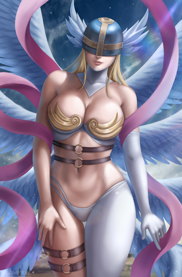 1girls 8_wings angel angel_wings angewomon breasts cleavage digimon female female_only flowerxl looking_at_viewer solo wings