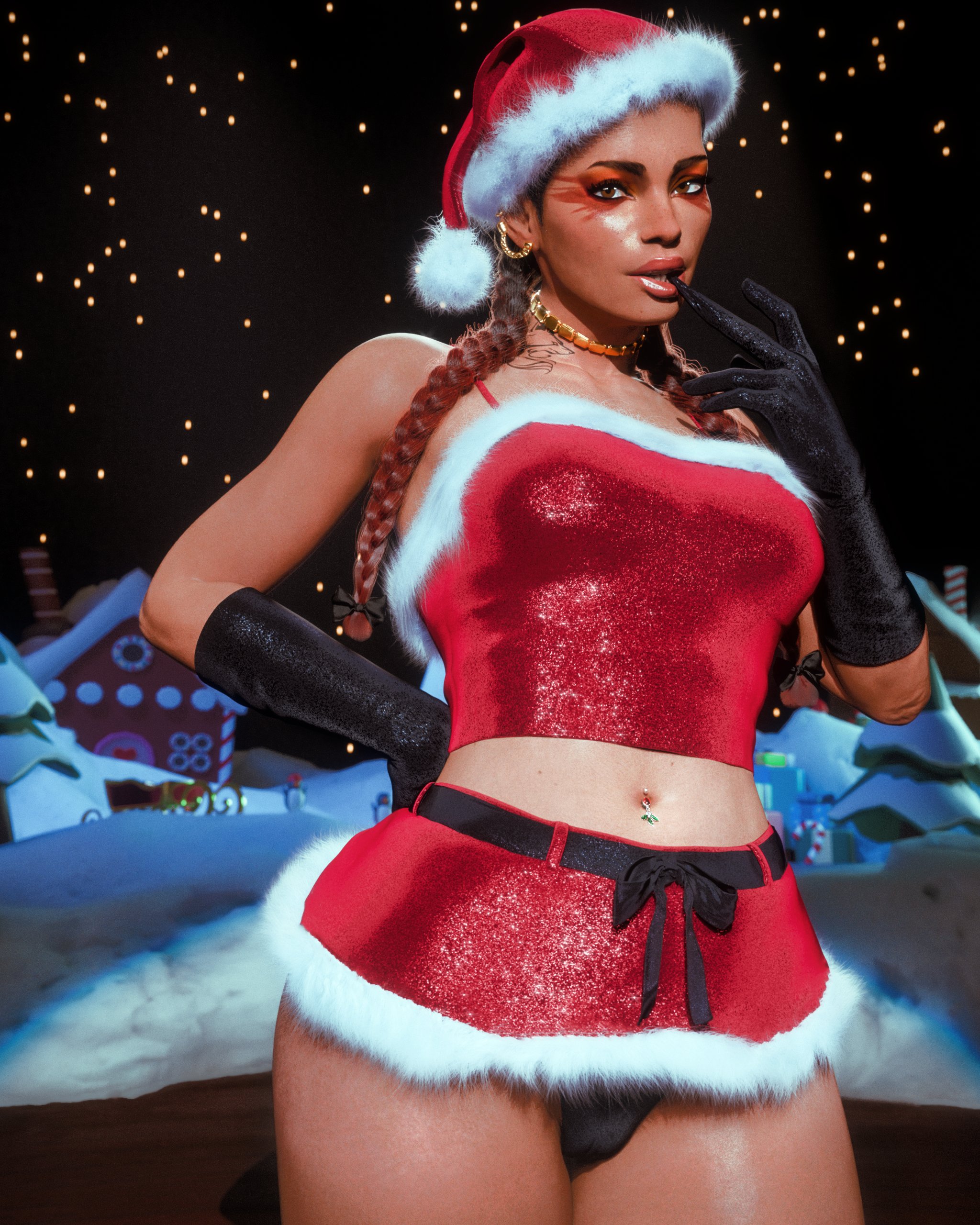 1girls, 2024, 3d, apex legends, christmas, christmas outfit, clothed, clothed female, female, female only, loba (apex legends), loba andrade, nv3d, panties, simple background, skimpy, skimpy clothes, solo, tagme