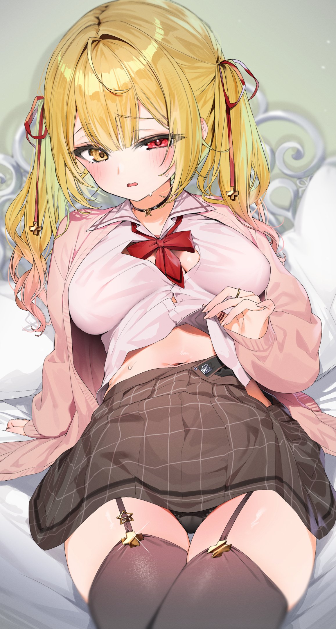 1girls, belly button, black choker, black garter straps, black panties, black thighhighs, blonde hair, blurry, blurry background, blush, blush lines, bow, bowtie, breasts, brown cardigan, brown skirt, button gap, buttons, cardigan, choker, collared shirt, commentary request, double-breasted, double-parted bangs, eyebrows visible through hair, female, garter straps, hair between eyes, hair ribbon, heterochromia, highres, hoshikawa sara, hoshikawa sara (4th costume), itohana, large breasts, looking at viewer, midriff peek, miniskirt, navel, nijisanji, official alternate costume, official alternate hairstyle, open cardigan, open clothes, open mouth, panties, plaid clothes, plaid skirt, red bow, red bowtie, red eyes, red ribbon, ribbon, shirt, skirt, solo, sweat, tagme, thighhighs, twintails, underwear, virtual youtuber, white shirt, yellow eyes