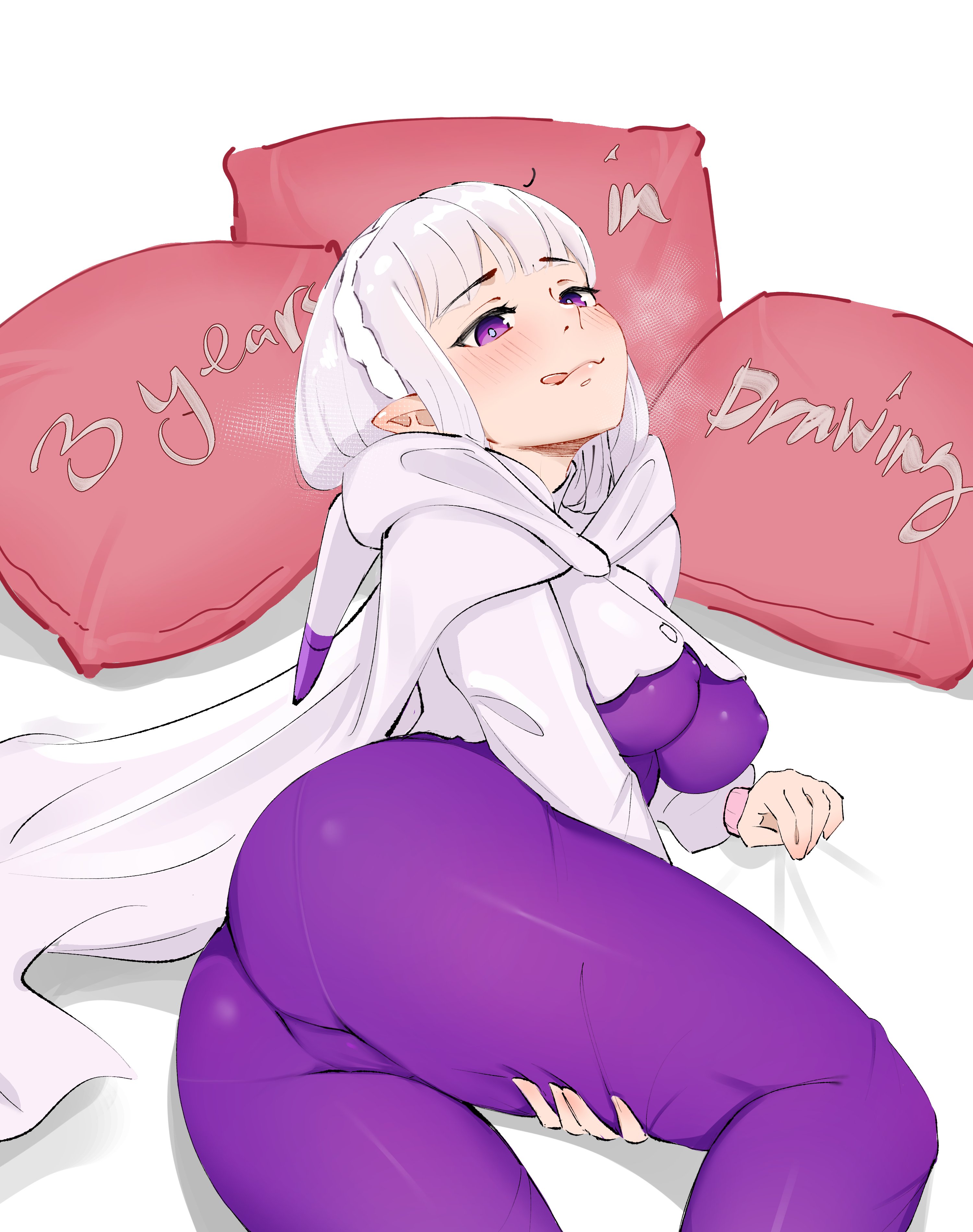 1girls, ass, ass focus, babywipes, breasts, cleavage, elf, elf ears, elf female, emilia (re:zero), female, jumpsuit, lying on side, on bed, purple eyes, re:zero kara hajimeru isekai seikatsu, silver hair, solo, thick thighs, tight clothing, tight fit