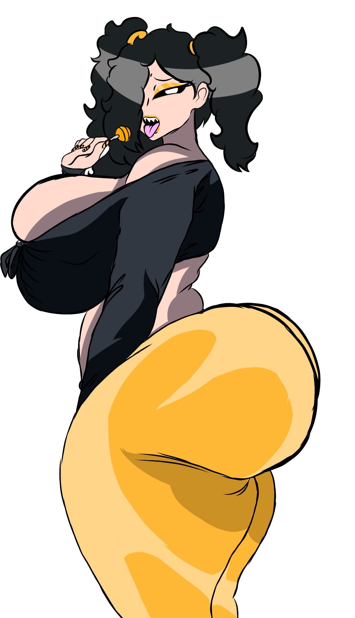 2d, aged up, artist request, ass, best friends, big ass, big breasts, big butt, black crop top, black hair, breasts, cassidy (fnaf), digital drawing (artwork), digital media (artwork), eyeshadow, female, five nights at freddy's, fnaf, ghost, ghost girl, lolipop, male, offscreen character, offscreen male, pigtails, sharp teeth, solo, tongue, tongue out, yellow, yellow hair tie, yellow lipstick, yellow nails, yellow pants