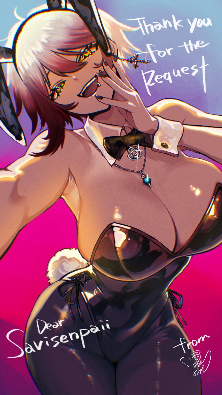 armpits, big breasts, bowtie, breasts, breasts bigger than head, bunny ears, bunny girl, bunny tail, bunnysuit, cleavage, collar, dark skin, dark-skinned female, earrings, female, hand on head, hispanic, indie virtual youtuber, large breasts, latina, maroon hair, massive breasts, necklace, open mouth, red hair, savii (vtuber), selfie, smile, ssbsn, two-tone hair, virtual youtuber, vtuber, white hair, yellow eyes