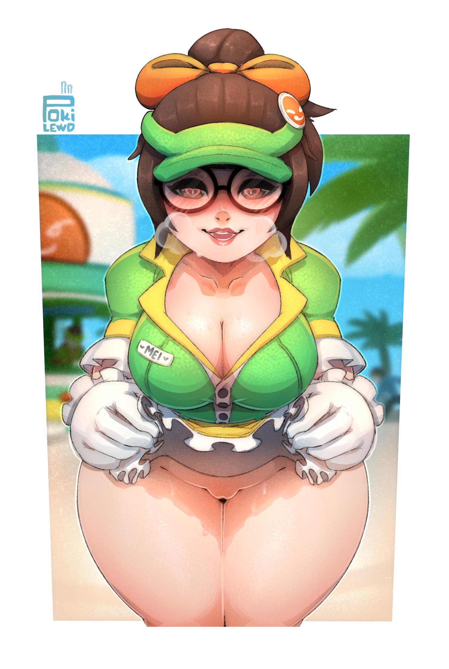 1girls alternate_costume apron apron_lift big_breasts bottomless breasts chubby chubby_female cleavage female glasses hairless_pussy heart-shaped_pupils honeydew_mei horny horny_female large_breasts looking_at_viewer mei_(overwatch) overwatch pokilewd pussy skirt skirt_lift solo steam thick_thighs wide_hips