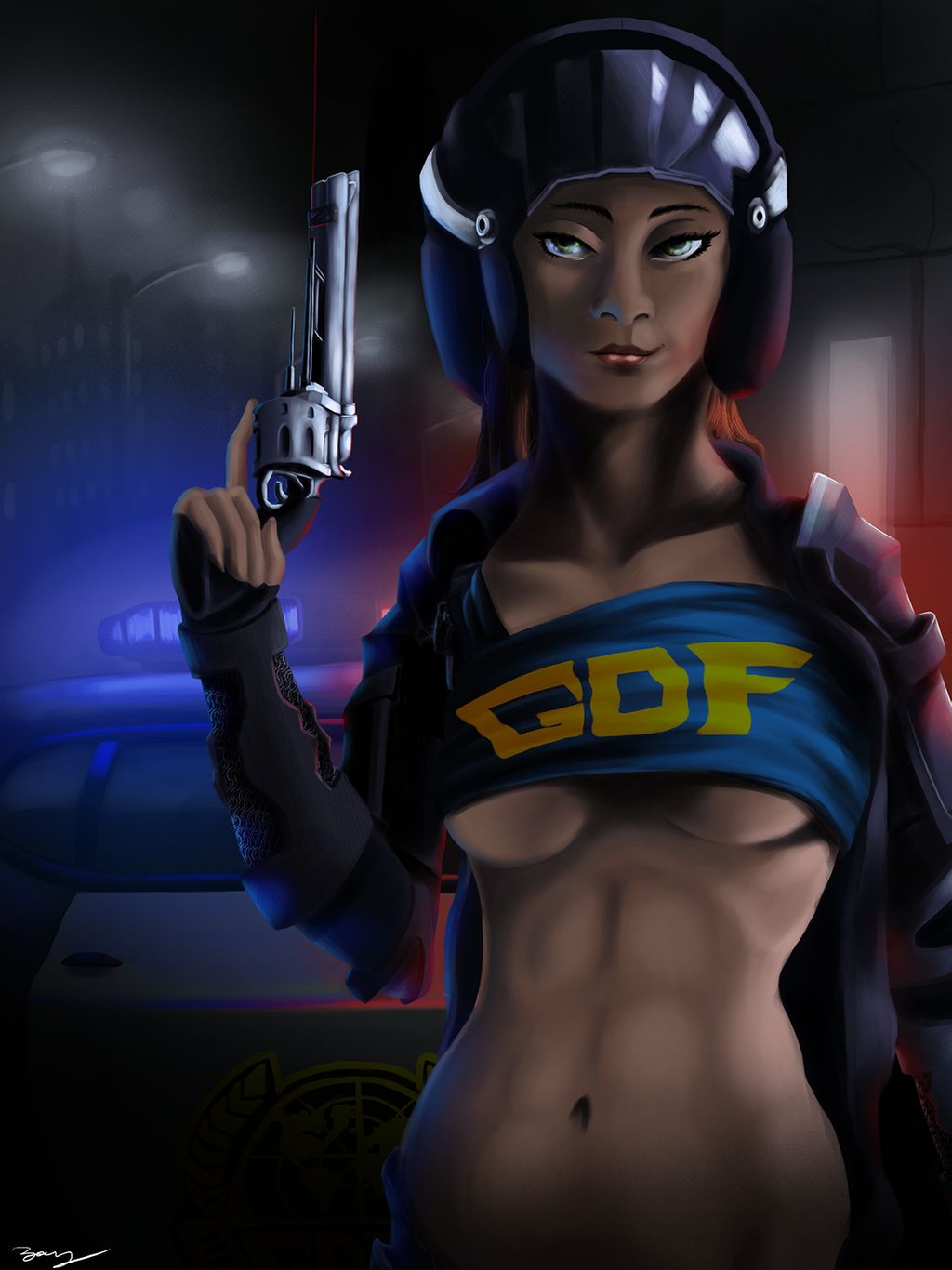 3d_realms abs athletic bombshell_(series) breasts brown_hair busty female female_focus female_only firearm green_eyes gun handgun headwear helmet hourglass_figure human ion_fury large_breasts long_hair navel nose outerwear pale_skin pinup police police_uniform pose posing revolver shelly_harrison shirt_lift solo standing underboob weapon