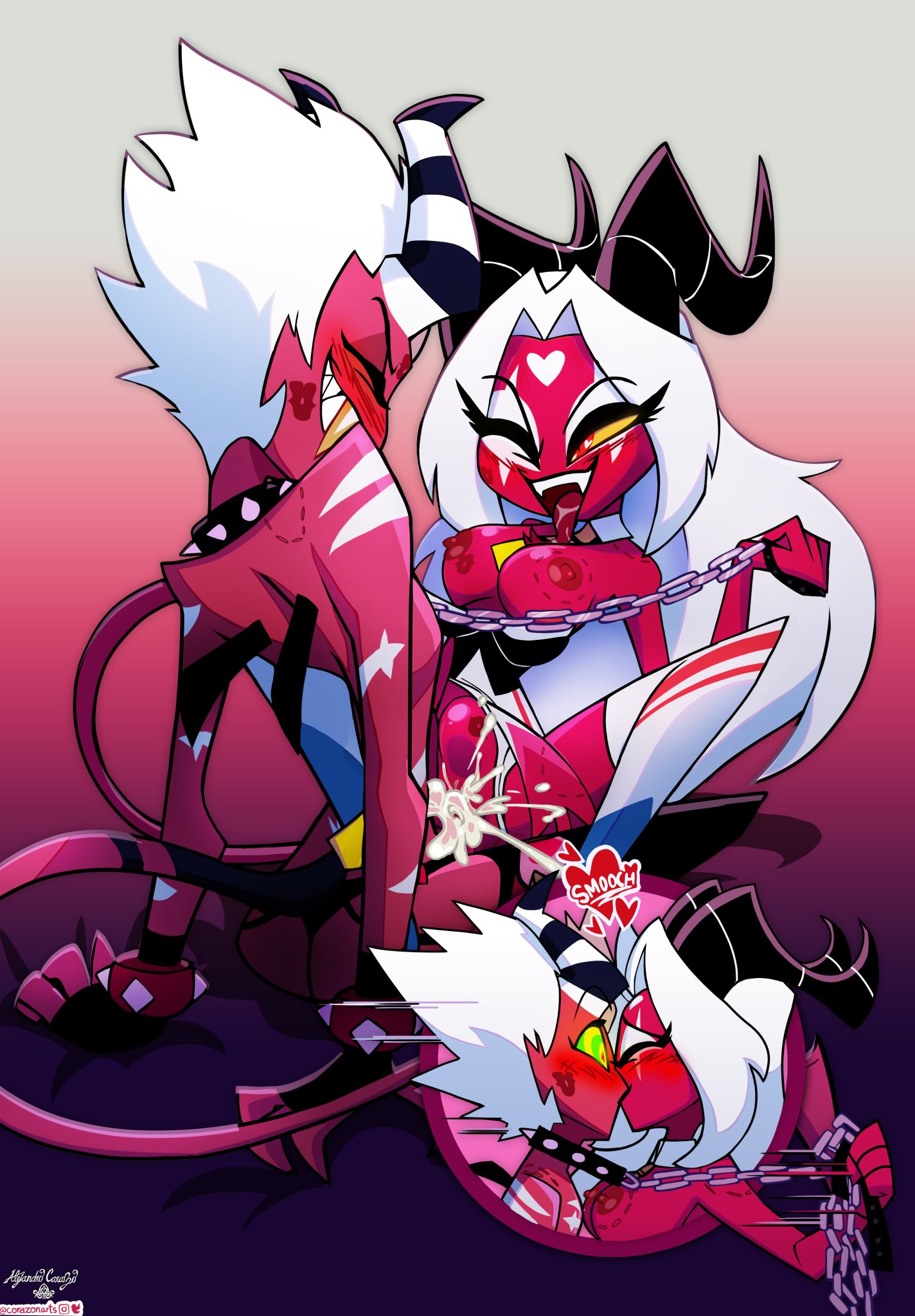 1boy, 1girls, 2demons, aless (corazonarts), bare arms, bare breasts, bare legs, bare shoulders, bare thighs, big breasts, big penis, bite mark, blush, breasts, collar, color, corazonarts, cum, cum in pussy, cum inside, cumming, cumming while penetrating, demon, demon boy, demon girl, demon horns, demon tail, demons, female, helluva boss, hi res, kiss mark, kissing, large breasts, long hair, looking pleasured, male, male penetrating, male/female, nipples, nude, nude female, nude male, penetration, penile penetration, penis, penis in pussy, pleasure face, pussy, red body, red skin, sex, sharp teeth, short hair, tagme, thick thighs, vaginal penetration, white hair