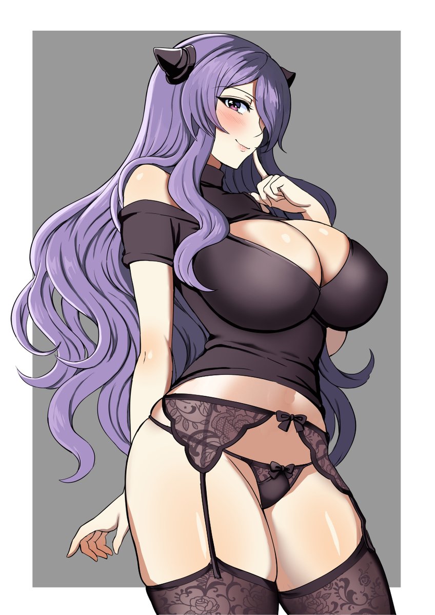1girls, big breasts, big sister, black panties, black shirt, black thighhighs, blush, breasts, camilla (fire emblem), cleavage, clothing, covered nipples, female, fire emblem, fire emblem fates, garter belt, garter straps, goma tarata, hair ornament, hair over one eye, huge breasts, intelligent systems, lingerie, long hair, looking at viewer, navel, nintendo, open mouth, panties, purple eyes, purple hair, sexy, shirt, simple background, skindentation, smile, solo, surprised, tara (szzj7733), thighhighs, thighs, tiara, underwear, very long hair, violet eyes, violet hair, wavy hair