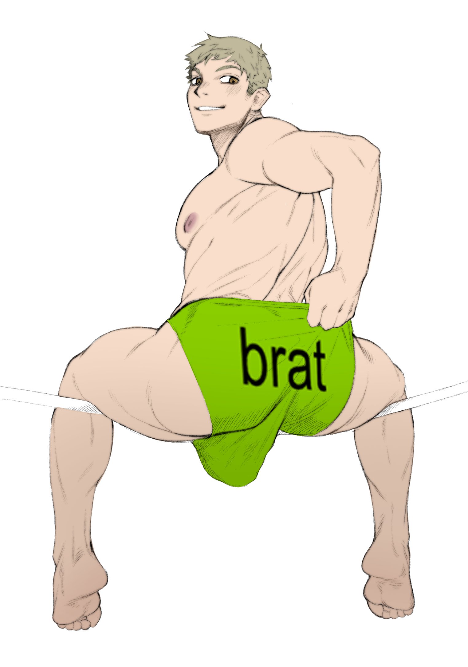 1boy, ass, ass focus, big ass (male), big butt (male), brat (charli xcx), bulge, bulge from behind, dungeon meshi, feet, gay, grabbing underwear, laios touden, looking at viewer, looking back, lovettica, male, male focus, male only, muscular, muscular male, solo, solo focus, solo male, underwear