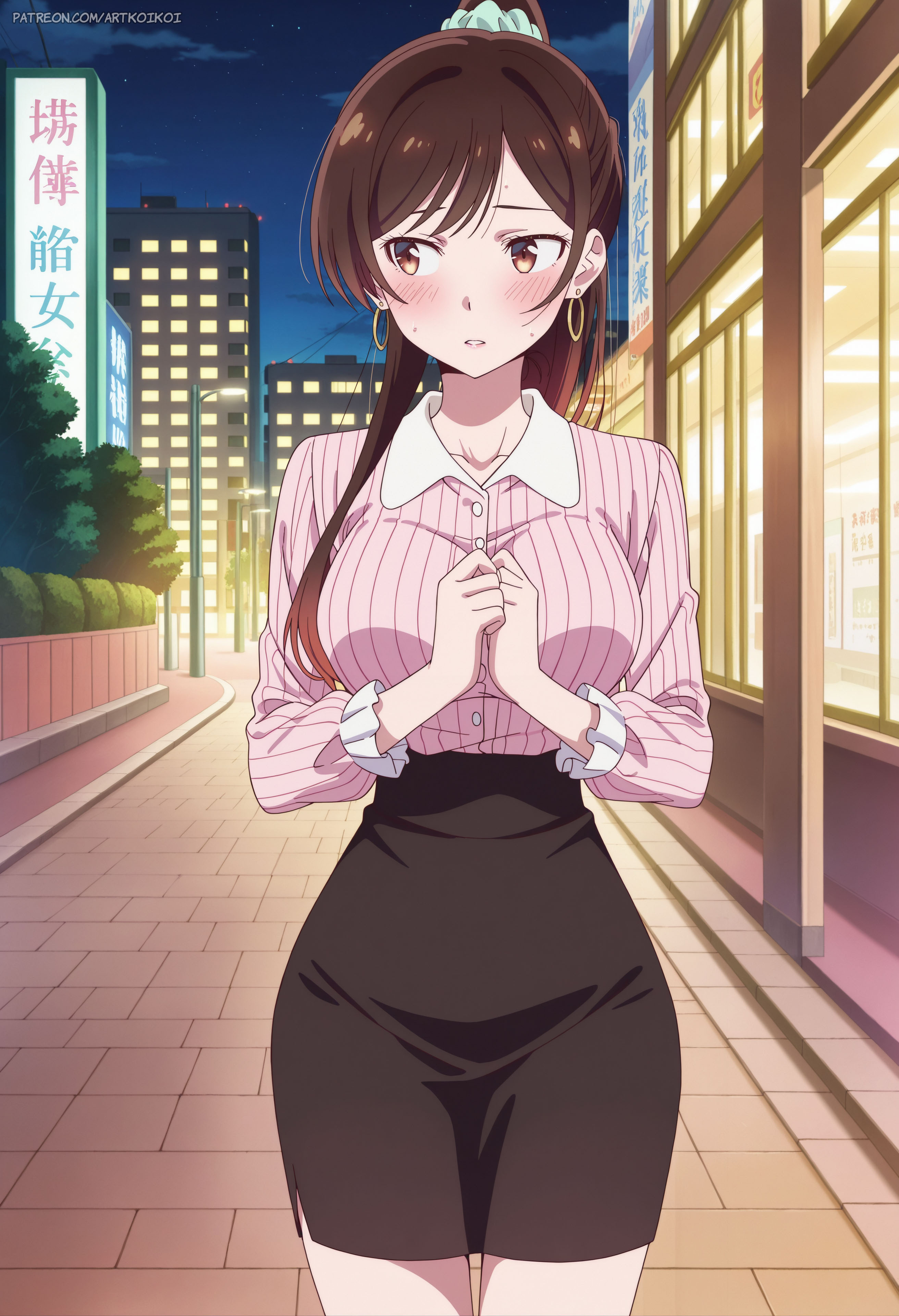 ai generated, artkoikoi, asian, asian female, big breasts, blush, breasts, brown eyes, brown hair, buttoned shirt, casual, casual clothes, casual outfit, earrings, female, highres, hourglass figure, kanojo okarishimasu, long hair, mizuhara chizuru, outside, patreon, patreon username, pencil skirt, shy, skirt, tight skirt