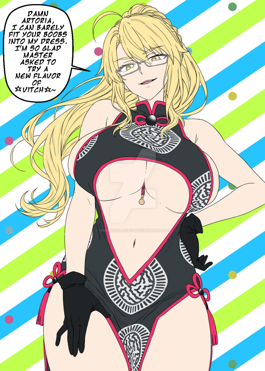 ahoge, artoria pendragon, artoria pendragon (lancer), assimilation, blonde hair, braid, breasts, china dress, cleavage, cleavage cutout, dress, english text, evil smile, eyebrows visible through hair, fate (series), fate/grand order, female, femdom, femsub, glasses, gloves, hand on hip, identity death, koyanskaya, koyanskaya (fate), large breasts, long hair, midriff, multiple doms, navel, open mouth, ponytail, possessed, possession, sideboob, simple background, smile, smug, speech bubble, takeover, text, tight clothing, transformation, twinning, umbra callistis, umbracallistis, underboob, watermark, yellow eyes