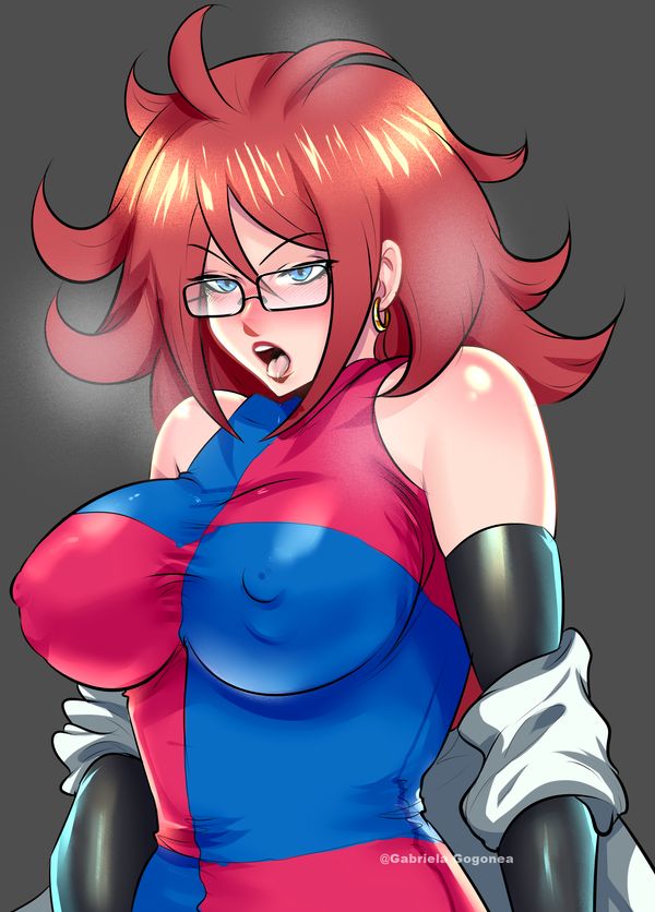 1girls, ahe gao, android 21, android 21 (human), blue eyes, breasts, cleavage, curvy, dragon ball, dragon ball fighterz, erect nipples, female, gabriela gogonea, glasses, hoop earrings, huge areolae, huge breasts, nipples, nipples visible through clothing, puffy nipples, red lips, thick lips, very long hair, voluptuous, wide hips