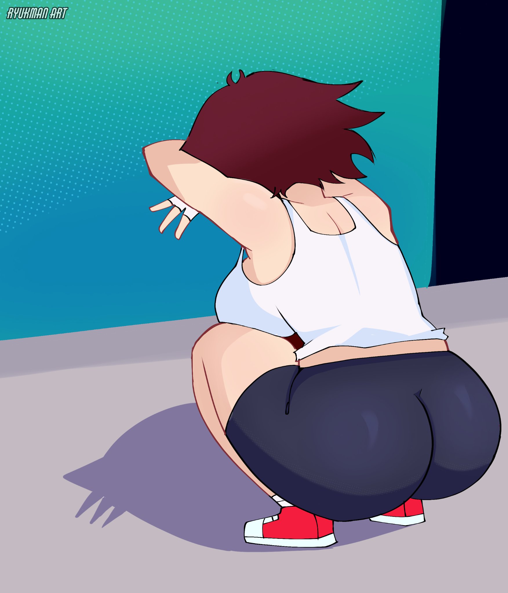1girls, amanda bustamand, ass, ass focus, athletic, athletic female, back view, bare shoulders, big ass, big breasts, big butt, bike shorts, black shorts, breasts, brown hair, bubble ass, bubble butt, busty, cat shadow puppet (meme), crouching, crouching female, curvaceous, curvy, curvy female, curvy figure, fat ass, female, female focus, female only, fingerless gloves, hi res, high resolution, highres, huge ass, huge butt, large ass, large breasts, light skin, light-skinned female, medium hair, meme, meme pose, meme reference, oc, original, original character, posing, rear view, ryukman, shadow, shorts, sideboob, simple background, solo, solo female, solo focus, sports tape, squatting, squatting female, tagme, tank top, thick ass, thick thighs, thighs, tomboy, viewed from behind, voluptuous, voluptuous female, white shirt, white tank top