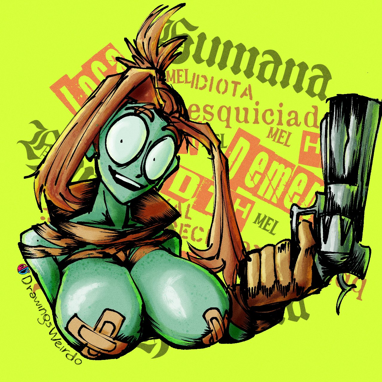 1girls, artist name, bandaids on nipples, big breasts, breasts, drawingsweirdo, female, glitch productions, gun, guns, melancholy (the gaslight district), melancholy hill, smile, spanish text, tagme, text, the gaslight district