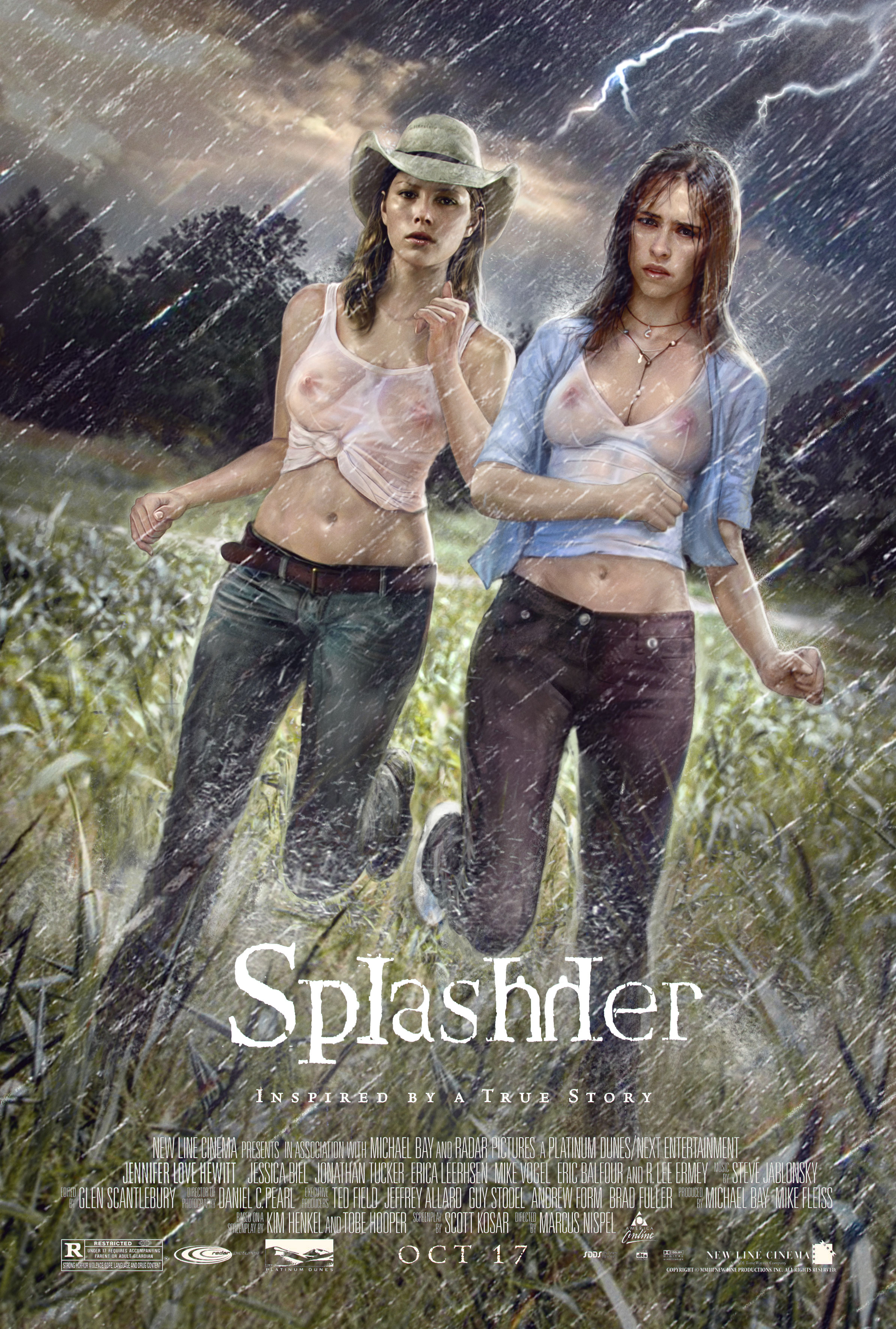 2girls, actress, amelodyj, breasts, brown hair, celebrity, cowboy hat, distress, erin hardesty, female, field, horror, i know what you did last summer, jennifer love hewitt, jessica biel, julie james, large areolae, large breasts, movie poster, outside, outside nudity, poster, pouring, raining, real person, running, see-through top, texas chainsaw massacre, texas chainsaw massacre game, the texas chainsaw massacre, thunderstorm, wet clothes