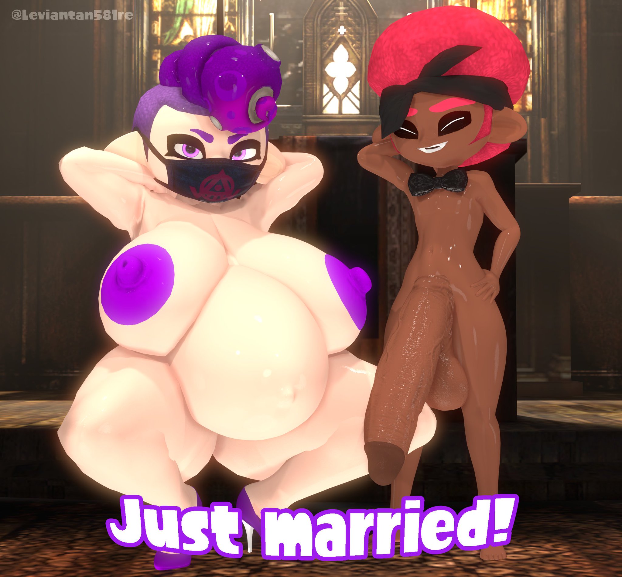 3d, after sex, annaki (splatoon), annaki logo, annaki mask, arms behind head, arms up, big belly, big breasts, breasts, chocolate and vanilla, couple, cumflated belly, dark skin, dark-skinned dom, dark-skinned femboy, dark-skinned male, dark-skinned sissy, dark-skinned twink, female, femboy, femboy on female, femboydom, femsub, high heels, huge breasts, huge cock, huge thighs, hung trap, interracial, just married, leviantan581re, male, maledom, mask, massive breasts, massive penis, octoling, octoling boy, octoling girl, penis, pregnant, purple eyes, purple hair, red hair, size difference, small dom big sub, smaller male, smile, snowbunny, splatoon, squatting, squatting position, straight, submissive female, submissive pose, text