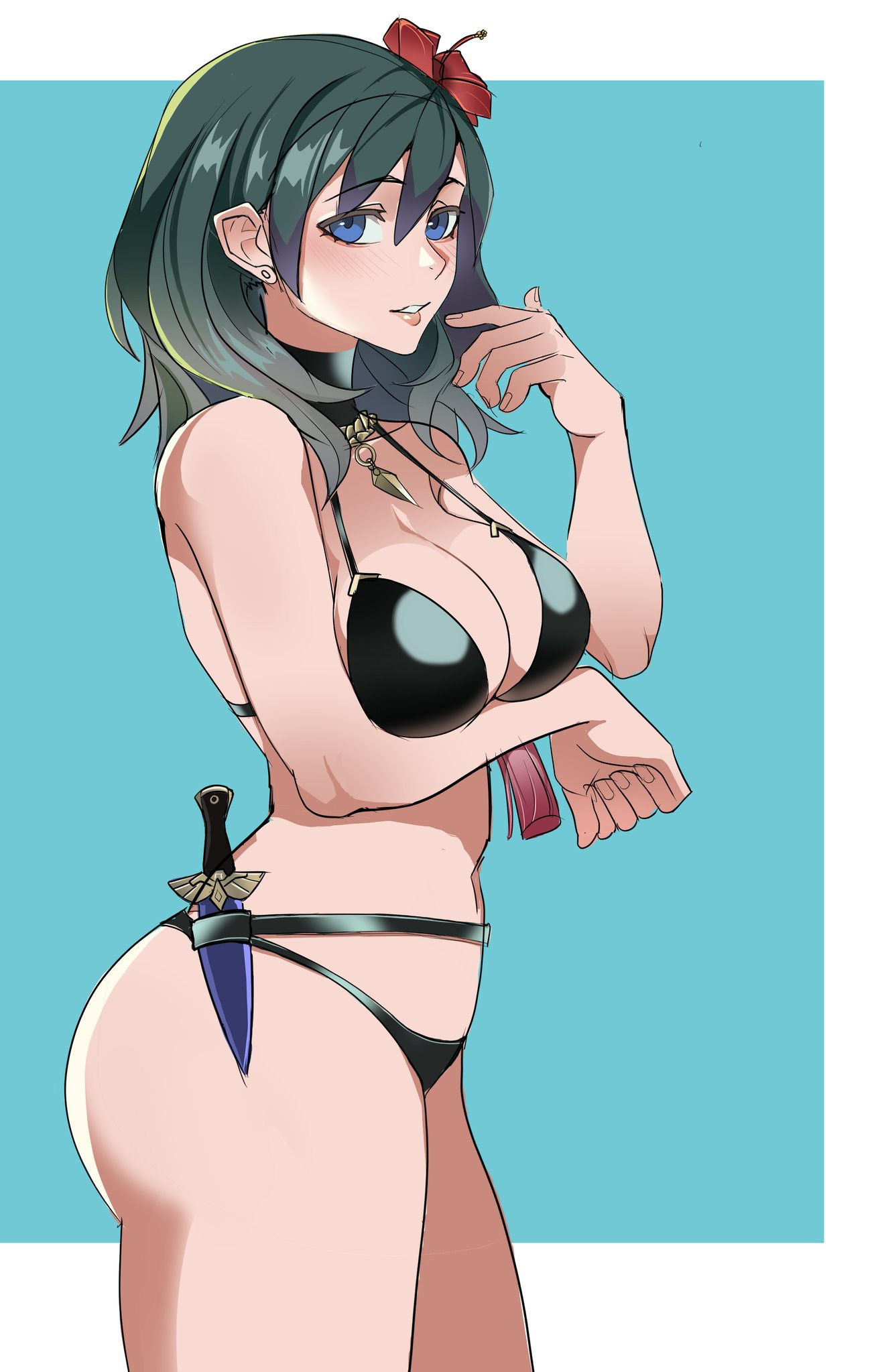 1girls, arm under breasts, ass, big breasts, bikini, black bikini, blue background, blue eyes, bovine, breasts, byleth (fire emblem), byleth (fire emblem) (female), byleth (summer) (fire emblem) (female), cleavage, commentary, dagger, earrings, english commentary, female, fire emblem, fire emblem heroes, fire emblem: three houses, flower, from side, green hair, hair flower, hair ornament, hand up, high res, intelligent systems, jewelry, knife, krius-ol, looking at viewer, medium hair, nintendo, no cape, official alternate costume, parted lips, red flower, sheath, sheathed, standing, swimsuit, teal hair, teeth, thighs, weapon