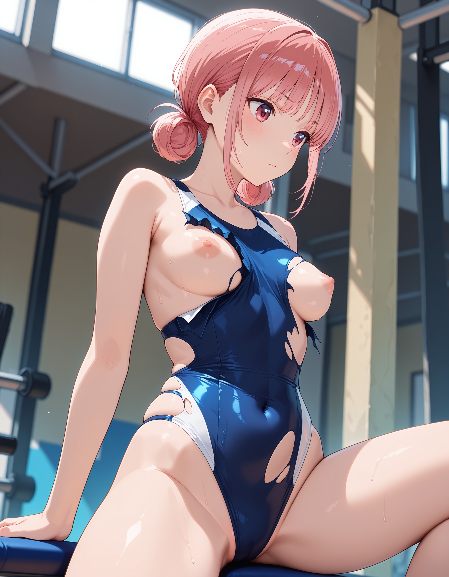 1girls, ai generated, ao no hako, bodysuit, breasts, chono hina, female, gym, kotexeylul, nipples, pink eyes, pink hair, pink nipples, ripped bodysuit, ripped clothing, small breasts, swimsuit
