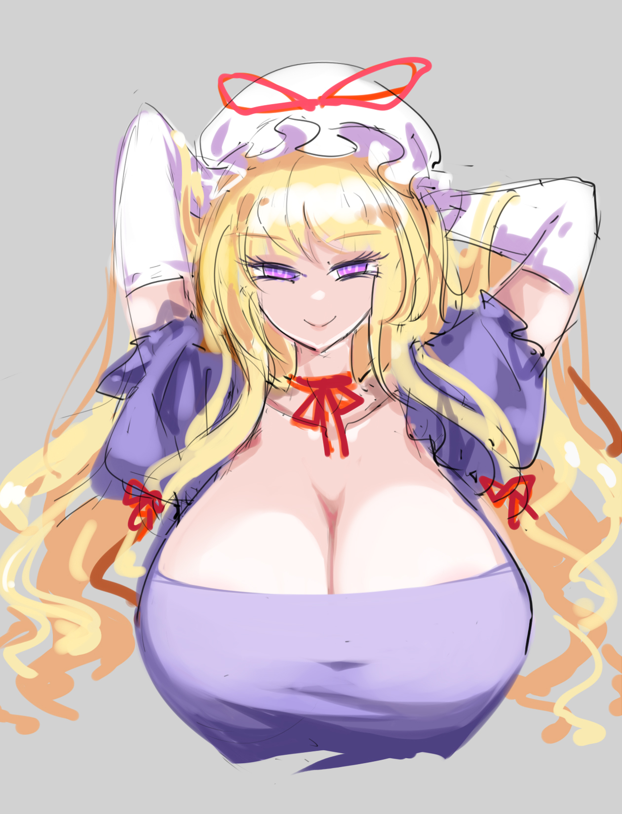 1girls, big breasts, blonde hair, breasts, cleavage, clothed female, female, grey background, hat, light skin, light-skinned female, long hair, mature female, purple eyes, raptor7, solo, solo female, touhou, yukari yakumo