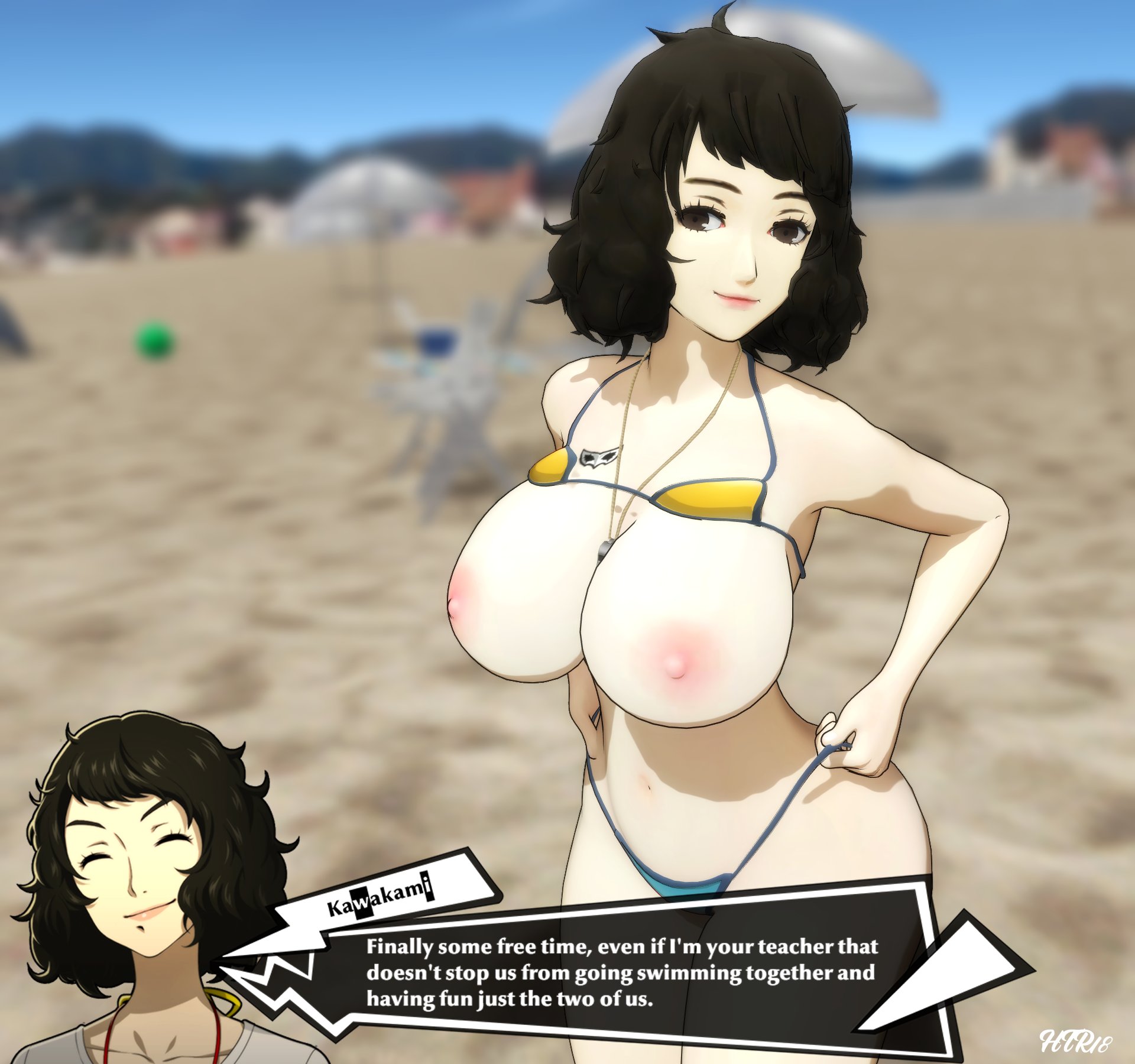 1girls, 3d, beach, big breasts, bikini, breasts, female, htr18, persona, persona 5, sadayo kawakami, smile, tagme