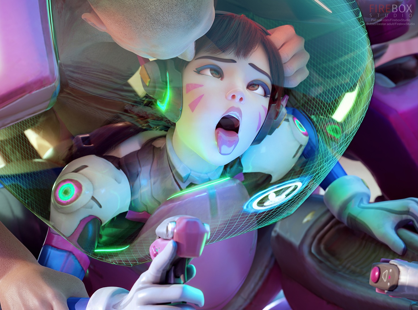 1boy, 1girls, 3d, 3d (artwork), ahe gao, alternate version available, anal, bald, brown eyes, brown hair, d.va, facial markings, female, female penetrated, fireboxstudio, from behind, hana song, highres, light-skinned male, male, maledom, meka, open mouth, overwatch, plugsuit, rolling eyes, surprised, tight space, tokki (overwatch), tongue, tongue out